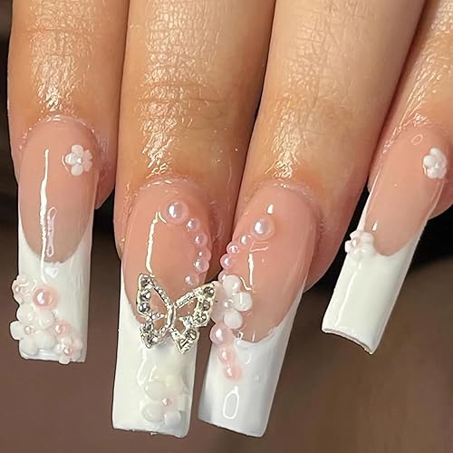 BABALAL Uñas postizas largas a presión tipo ataúd, uñas postizas blancas con punta francesa, uñas adhesivas en 3D, diseño de mariposa y diamantes de