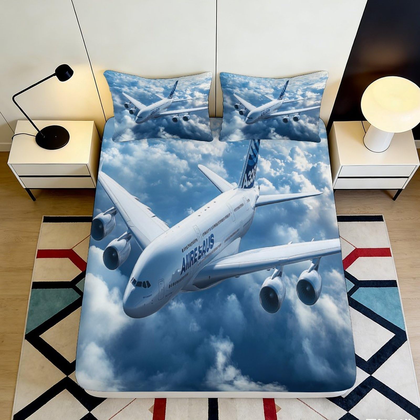 3D Printed Airplane in Clouds Fitted Sheet Microfiber Soft Breathable Sky Bed Cover for Bedroom Guest Room Decor 90x200x25cm