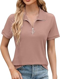 Polo de manga corta para mujer, camiseta de golf de algodón, con cremallera, camiseta de trabajo de color sólido, camiseta deportiva de manga corta para Polo Golf Slim Fit Mujeres Tops Casual