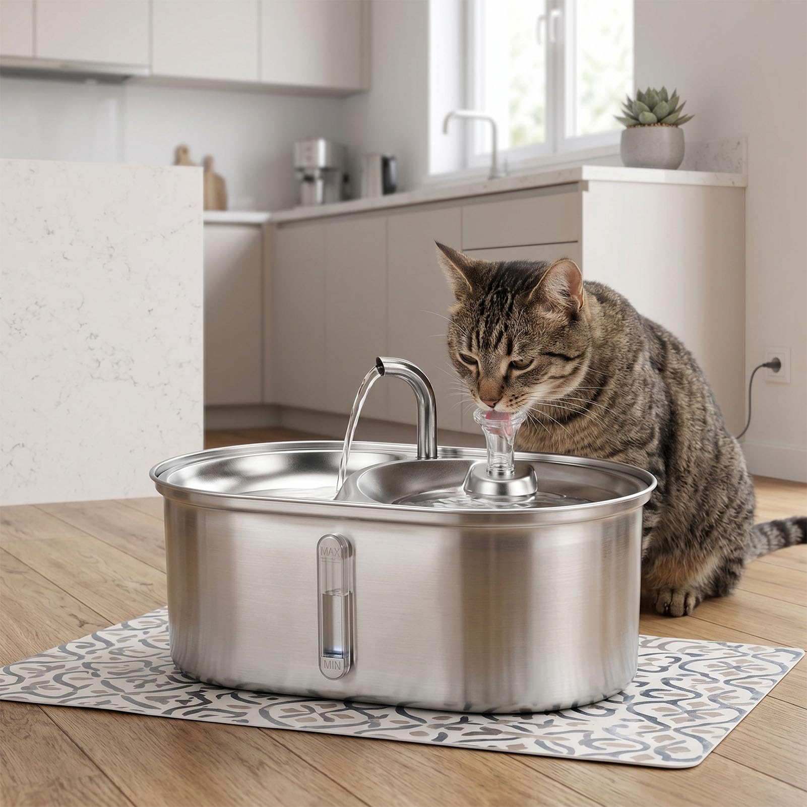 Fuente de Agua para Gatos, 2 en 1, Dispensador de Agua Automático de Acero Inoxidable de 3 litros, Diseño Elevado, Alimentador de Alimentos para Mascotas con Bomba Silenciosa y Diseño de