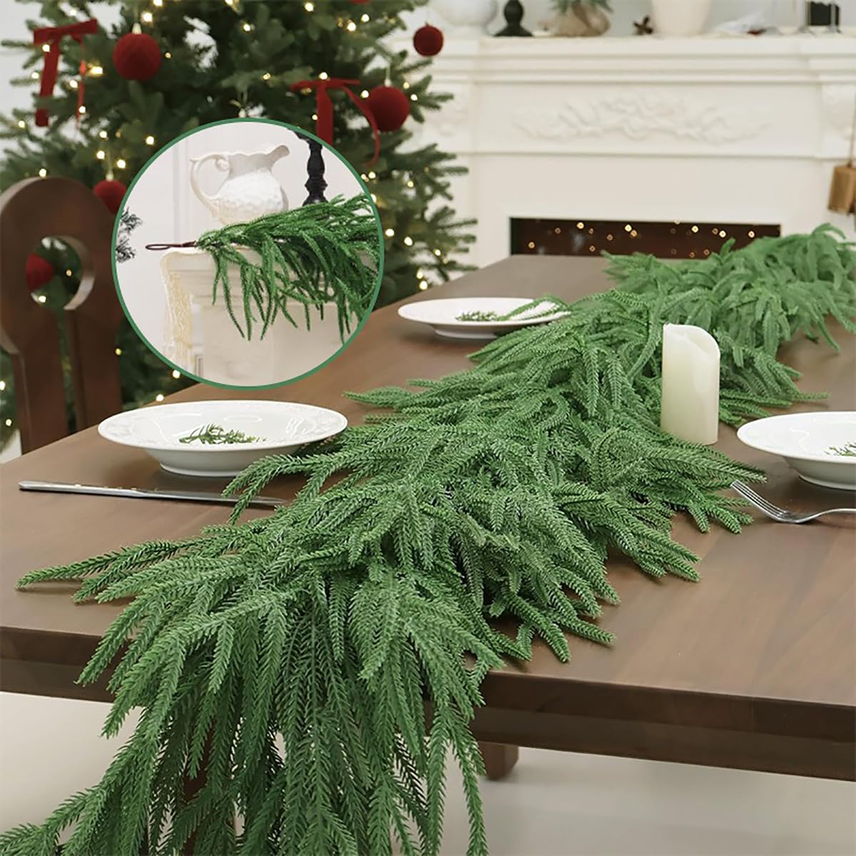 2.7M Weihnachten Girlande - Tannengirlande Künstlich Wie Echt, Tannengirlande Tannengrün - Weihnachtsgirlande Norfolk Pine Girlande für Veranda, Kamin, Tisch, Banister (Green-2.7m)