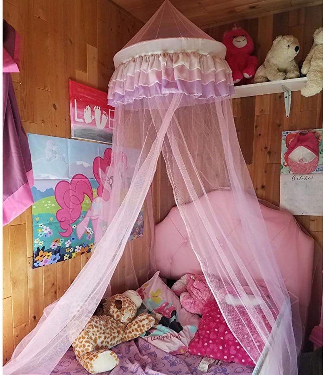 Princess Round Dome Mosquito Net – Elegant Lace Detailing, 150D Polyester Mesh, Indoor & Outdoor Use, Insect & Dust Defense, Dust & Glare Reduction, Child-Safe Design, Quick-Install Hardware