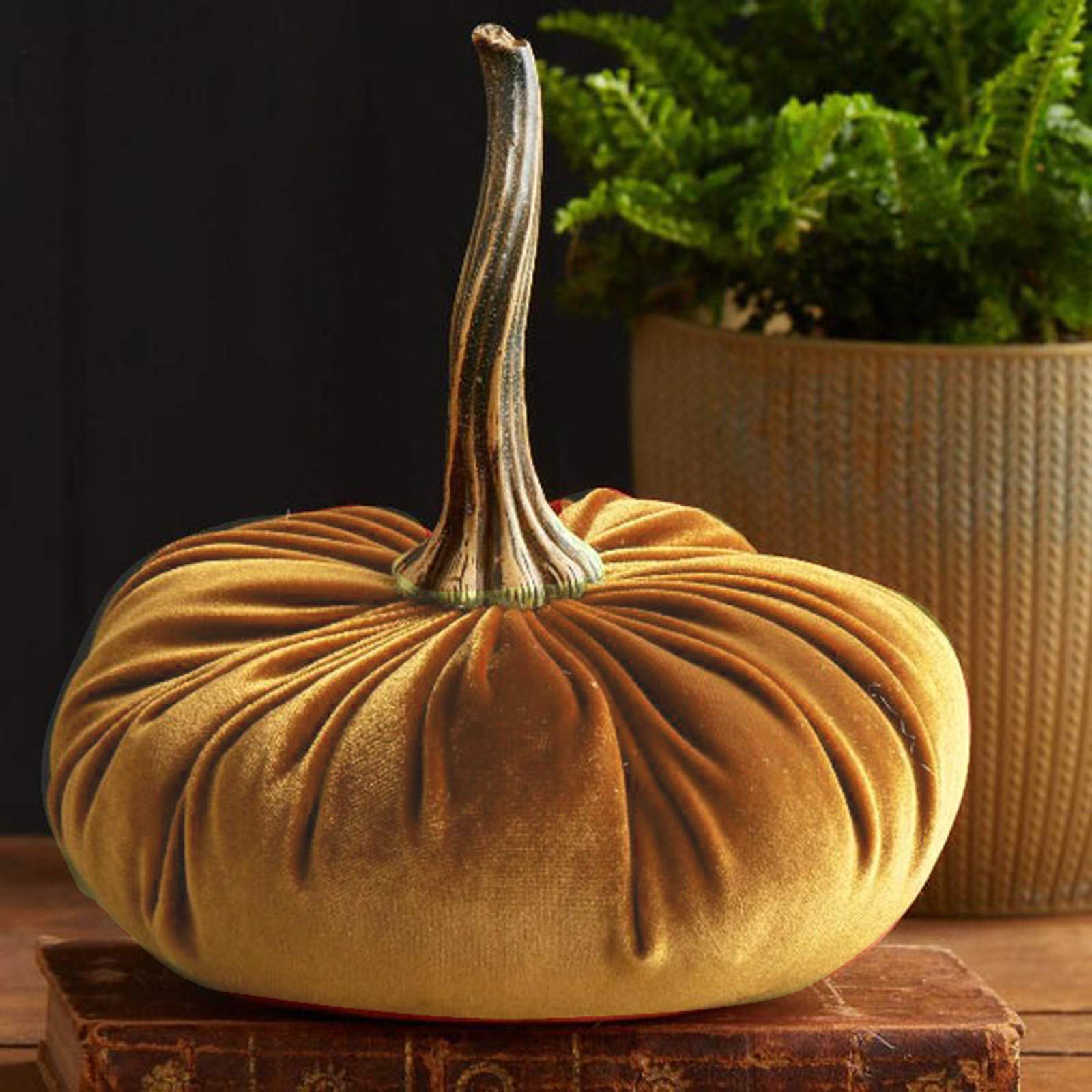 Velvet Faux Pumpkin Decor, Handmade Stuffed Artificial Pumpkin with Realistic Dried Stem, Soft Fake Pumpkin Ornament for Fall Harvest Thanksgiving Halloween Table Mantel Home Party Decoration，Gold