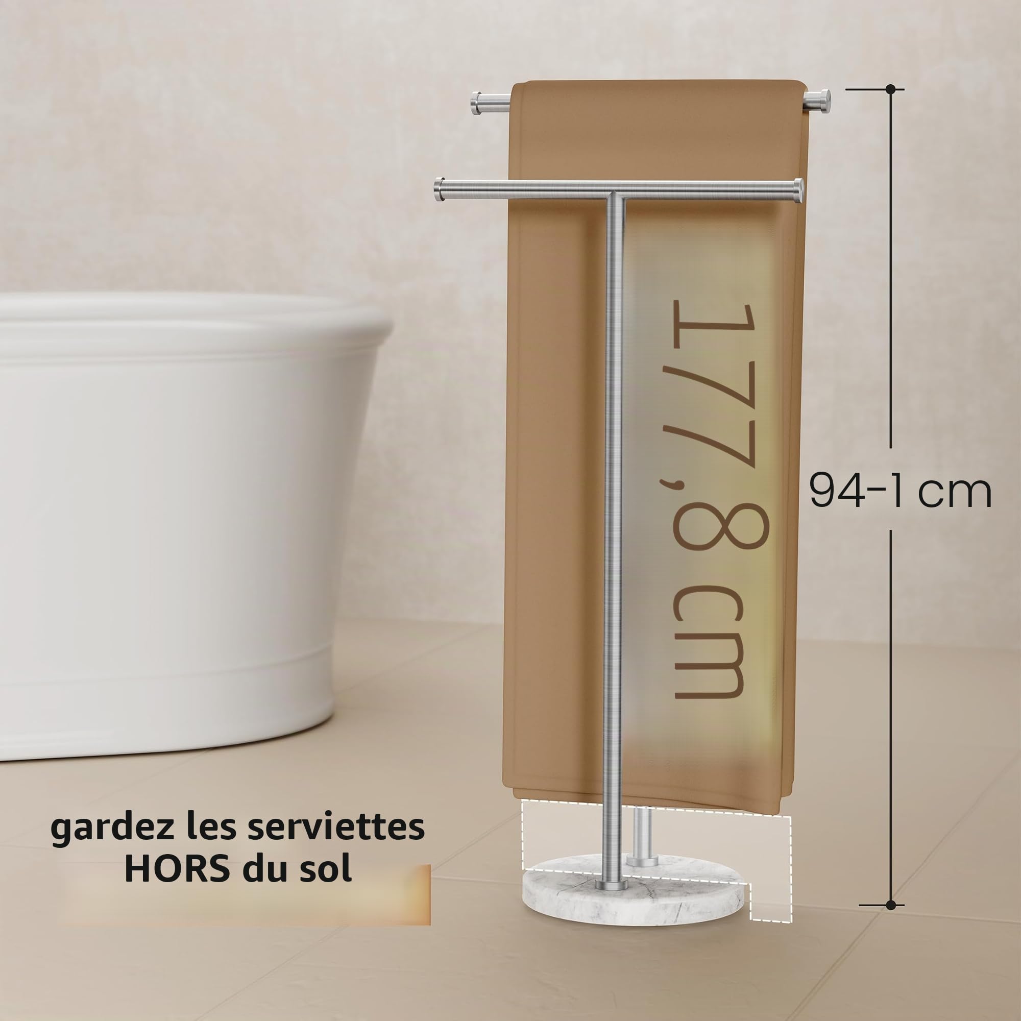 KES Porte-serviettes autoportant à 2 niveaux avec base ronde en marbre naturel de 4,8 kg, porte-serviettes au sol pour sol de salle de bain, double forme de T, acier inoxydable 18/8, finition brossée