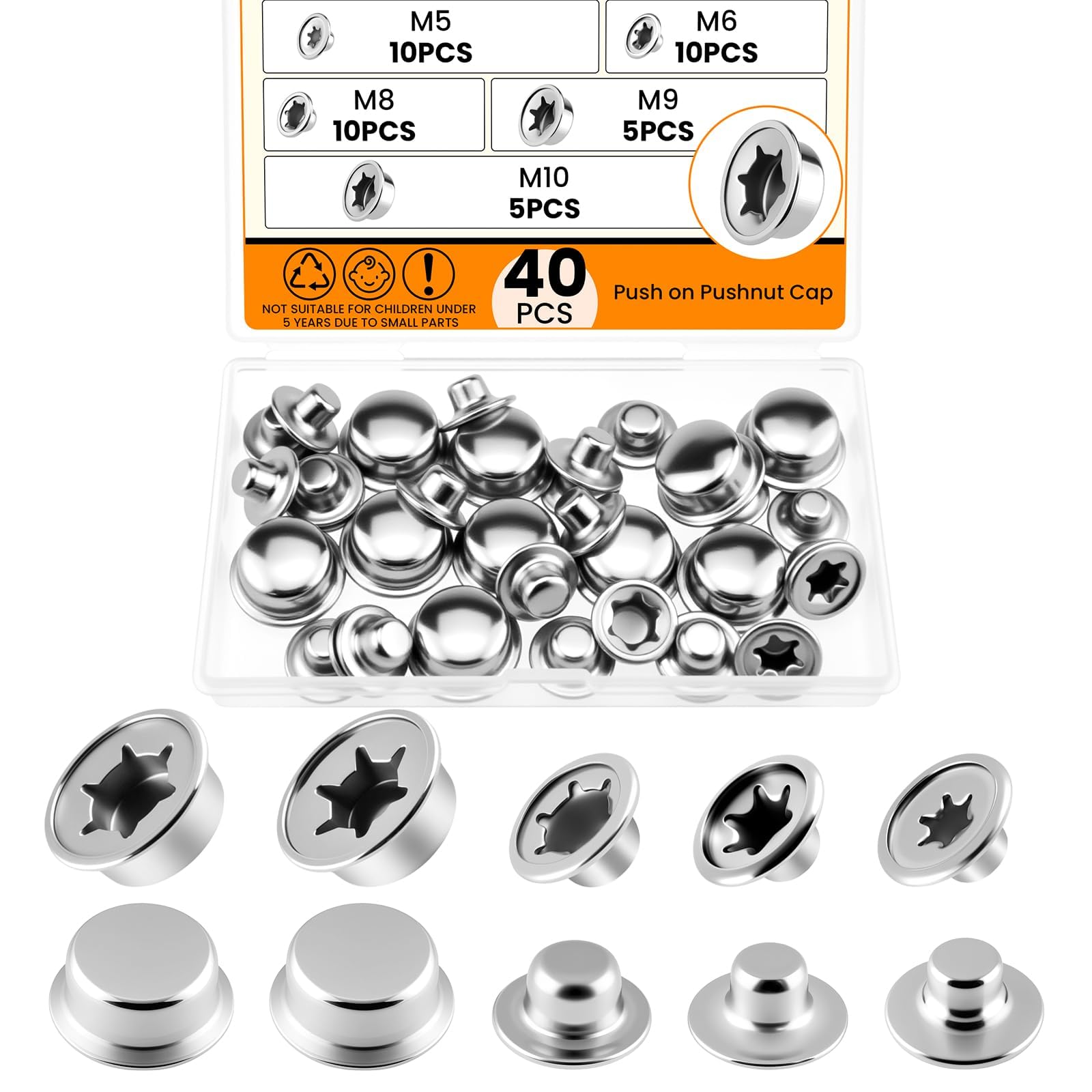 Photo 1 of MARRTEUM 40Pcs Push on Pushnut Cap | 1/4", 5/16", 3/8", 2/5", 3/16" Axle Fastener Nut Caps | for Lawn Wagons, Hand Trucks, Rolling Bins | Ideal Replacement for Cotter Pins