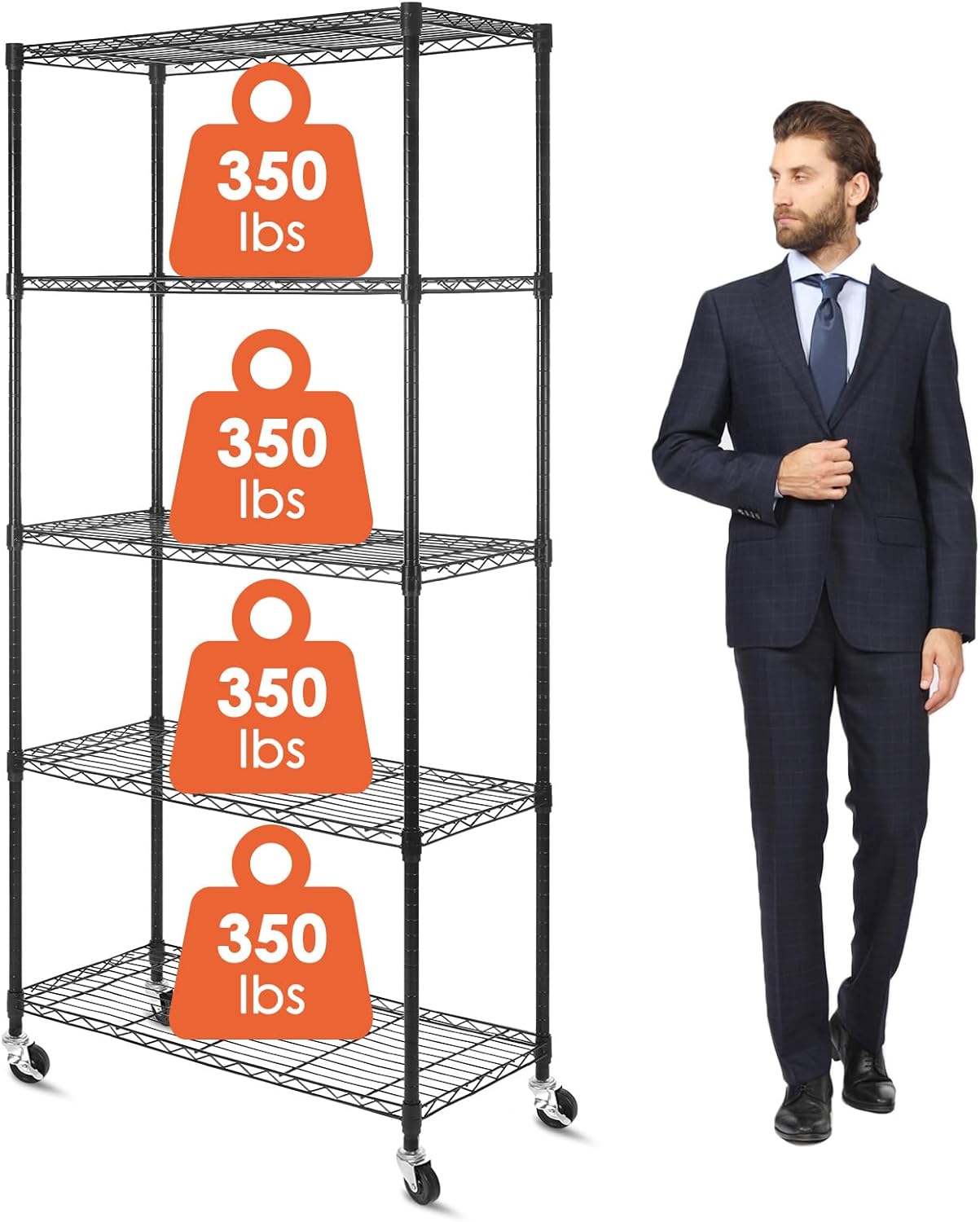WDT 5 Tier Shelf Shelving Unit with Wheels,Adjustable Metal Shelves for Storage, NSF Wire Shelving Rack,350lbs Loading Capacity Per Shelf Storage Shelves for Kitchen Garage, 36" D x 16" W x 75" H