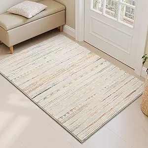 Small Area Rug-2x3 Entryway Rug Non Slip Washable Low Pile Indoor Door Mat Neutral Distressed Boho Moroccan Entrance Rugs Carpet for Bedroom Kitchen Powder Room Front Porch Bathroom, Multi-Color