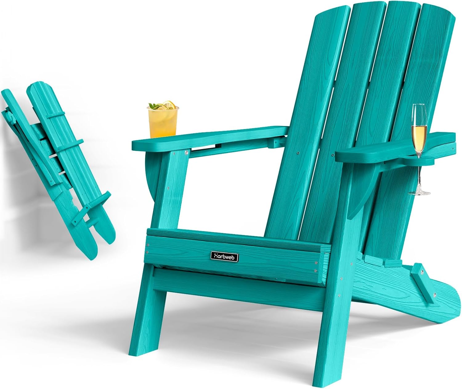 Folding Adirondack Chair with Wood Texture, Plastic Adirondack Chairs with 2 Cup Holder, HDPE All-Weather Fire Pit Chairs,Outdoor Lawn Chair for Patio Garden (Lake Blue)