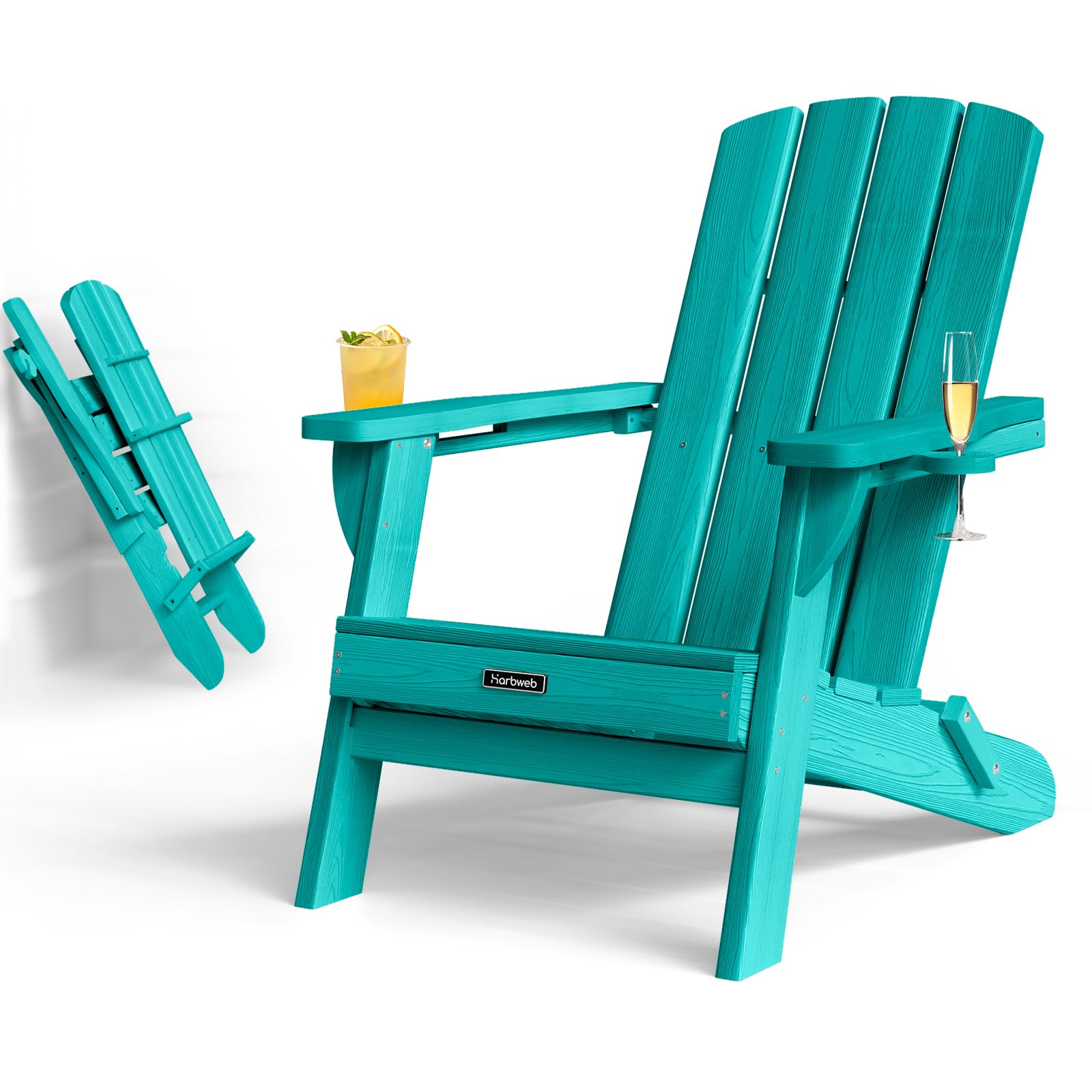 Harbweb Folding Adirondack Chair with Wood Texture, Plastic Adirondack Chairs with 2 Cup Holder, HDPE All-Weather Fire Pit Chairs,Outdoor Lawn Chair