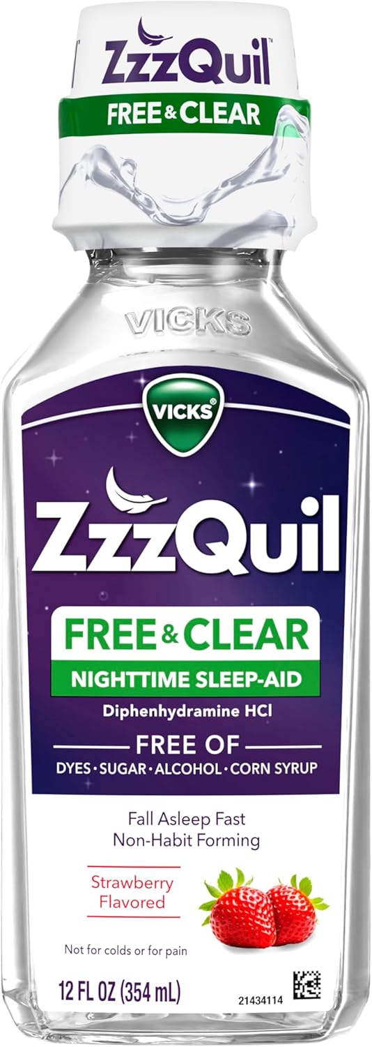 ZzzQuil, Nighttime Sleep Aid Liquid, Free of Alcohol & Artificial Dyes, 50 mg Diphenhydramine HCl, No.1 Sleep Aid Brand, Fall Asleep Fast, Non-Habit Forming, Soothing Berry Flavor, 12 FL OZ