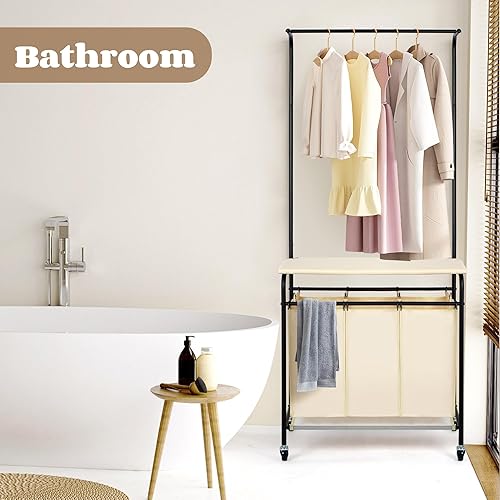 Miniatura 8 de MYOYAY Clasificador de lavandería de 3 secciones con barra colgante de ropa, tabla de planchar plegable, organizador de cesta de lavandería