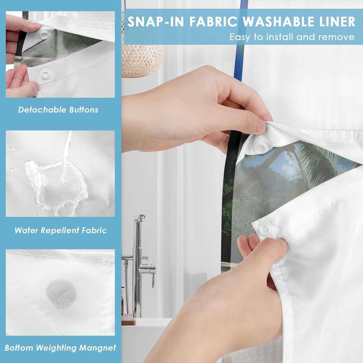 No Hook Beach Palm Tree Shower Curtain with Snap in Fabric Liner Set, Ocean Sea Summer Hawaiian Double Layers Waterproof Fabric with See Through Top Window Open Grommet Bath Curtain 71x74 Inch