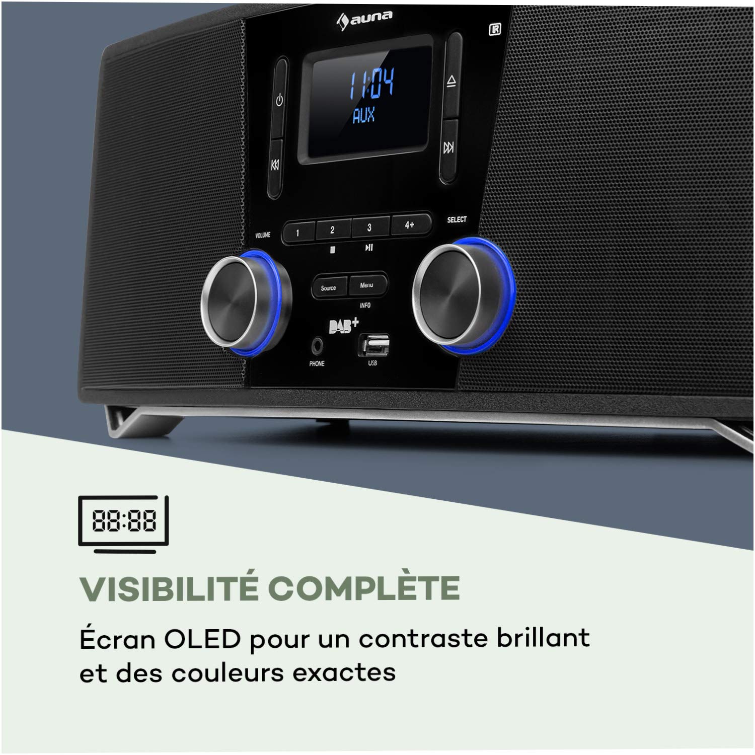 auna Stockton Micro chaîne stéréo - 20W Max. (2X 5W RMS), Dab+, Tuner Radio FM, Fonction RDS, Lecteur CD, Bluetooth, Port USB, AUX-in, écran OLED, X-Bass, EQ, minuterie, Fonction réveil, Noir