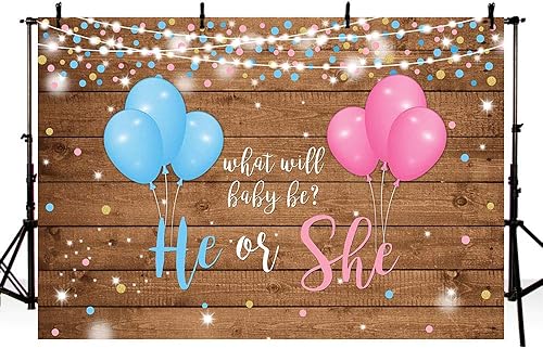 MEHOFOTO Telón de fondo de madera rústica para revelación de género, accesorios de fotografía de estudio de madera, globos azules o rosados, luces