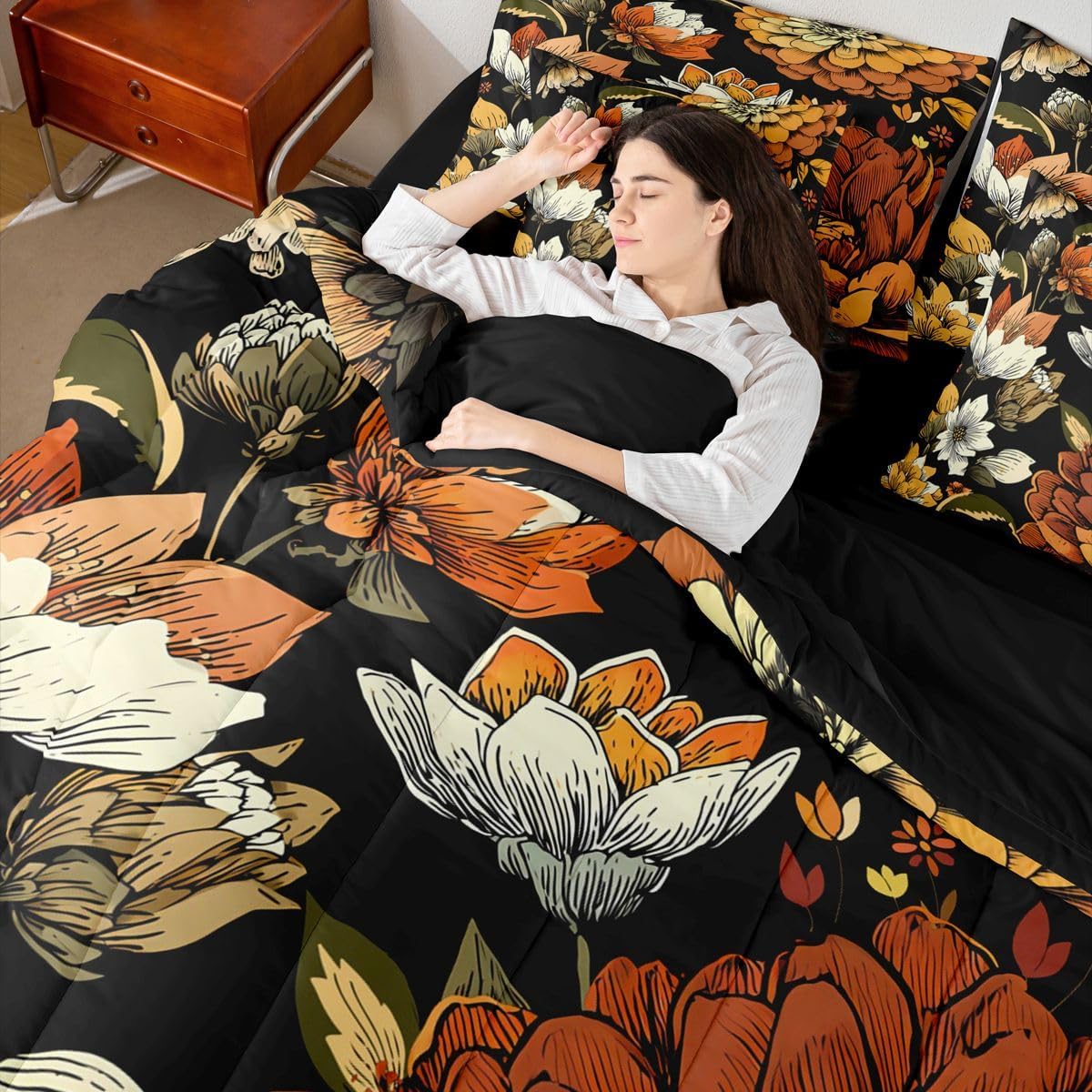 Erosebridal Boho Floral Bed in A Bag 7 Pcs Bohemian Flower Botanical Comforter Set for Kids Girls Rustic Farmhouse Floral Bedding Sets Full Abstract Mid Century Flowers Sheet Set with Comforter