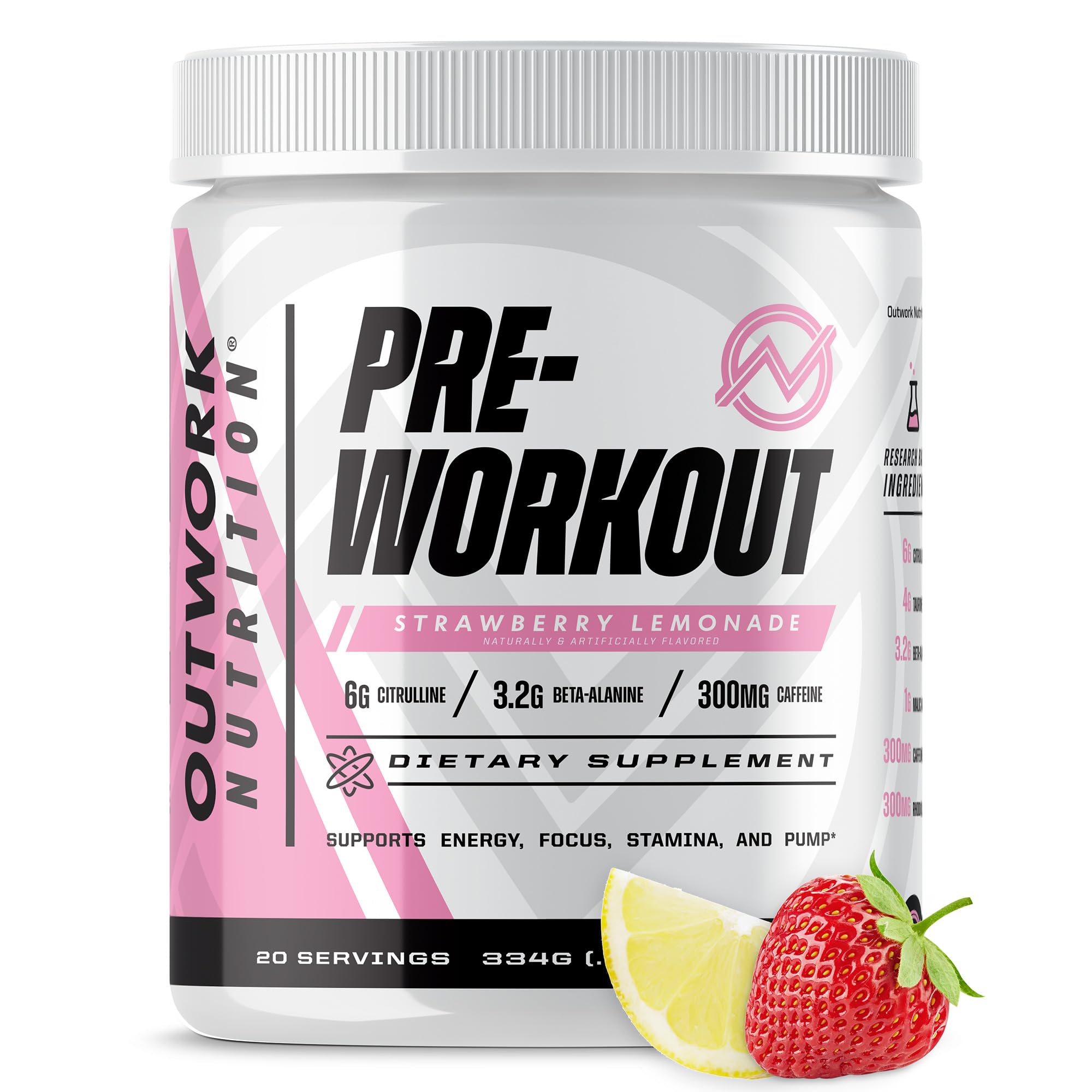 Outwork Nutrition Pré-treino em pó com L-citrulina, taurina, beta-alanina, cafeína e rodiola, sabor Strawberry Lemonade, 331 g