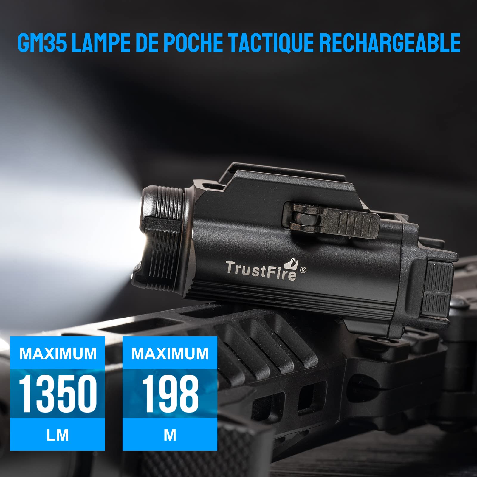 TrustFire Lampe Pistolet Tactique, GM35 1350LM LED Lampe Militaire Lumière Allume Lampe de poche à dégagement rapide brillant,Compatible avec Rail Pictinny glock 17/19/20/22