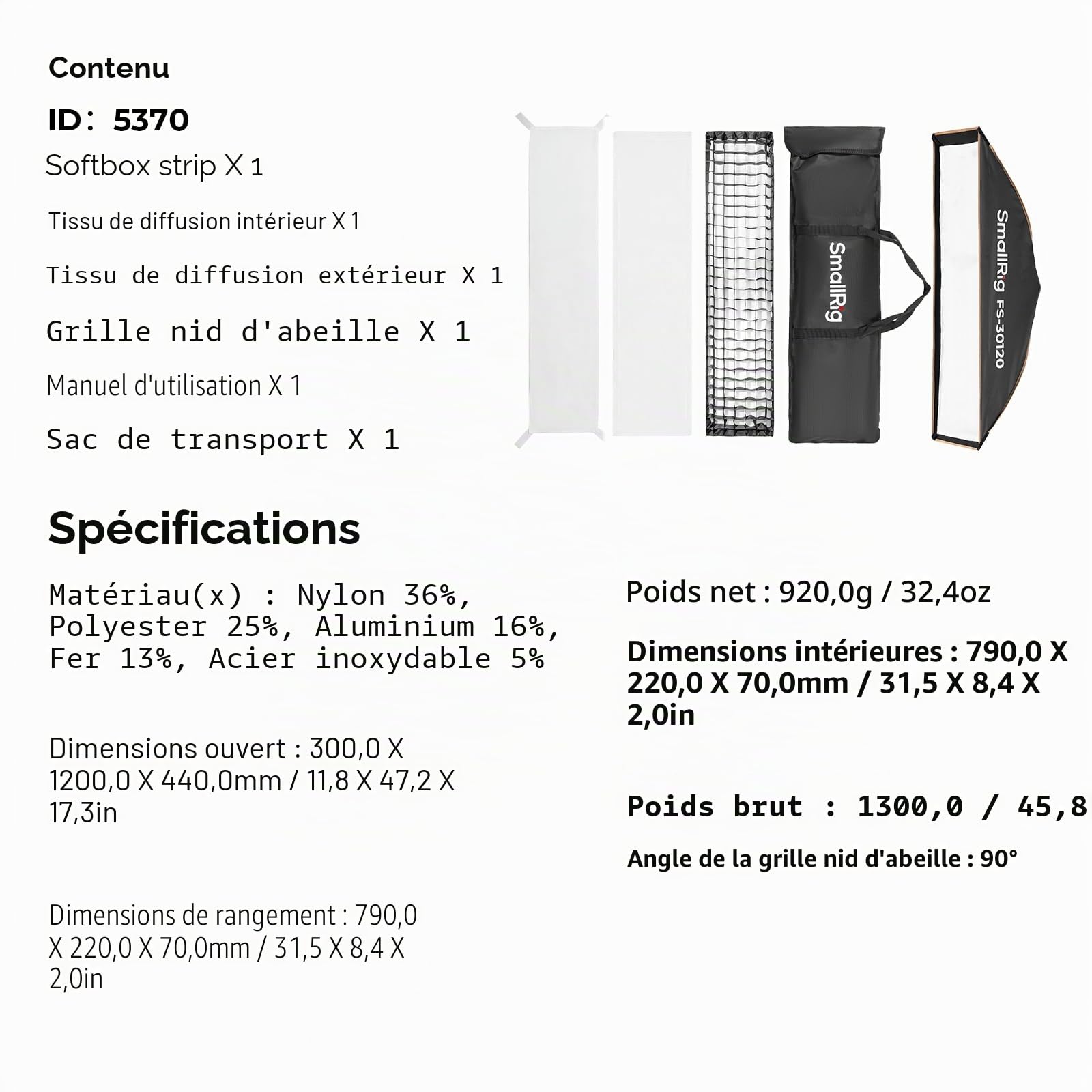 SMALLRIG 12'' x 47'' FS-30120 Softbox Bowens à Dégagement Rapide avec Diffuseur/Grille Nid d'abeille/Sac, Compatible avec SmallRig RC 220 Pro, pour COB à Monture Bowens, pour Godox pour Neewer -5370