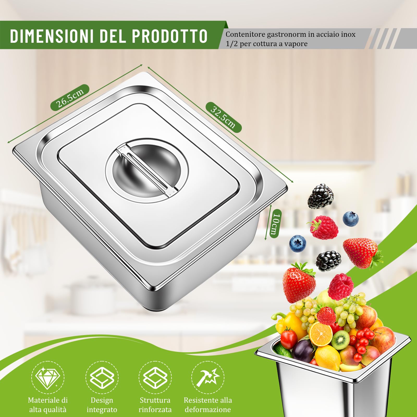 Set di 4 contenitori acciaio inox per alimenti GN 1/2, 26,5 x 32,5 x 10 cm, Contenitore Acciaio Inox per Alimenti con Coperchio, Impilabili, Adatti per Cotolette Carne Pesce Frutta Gelato Salsa