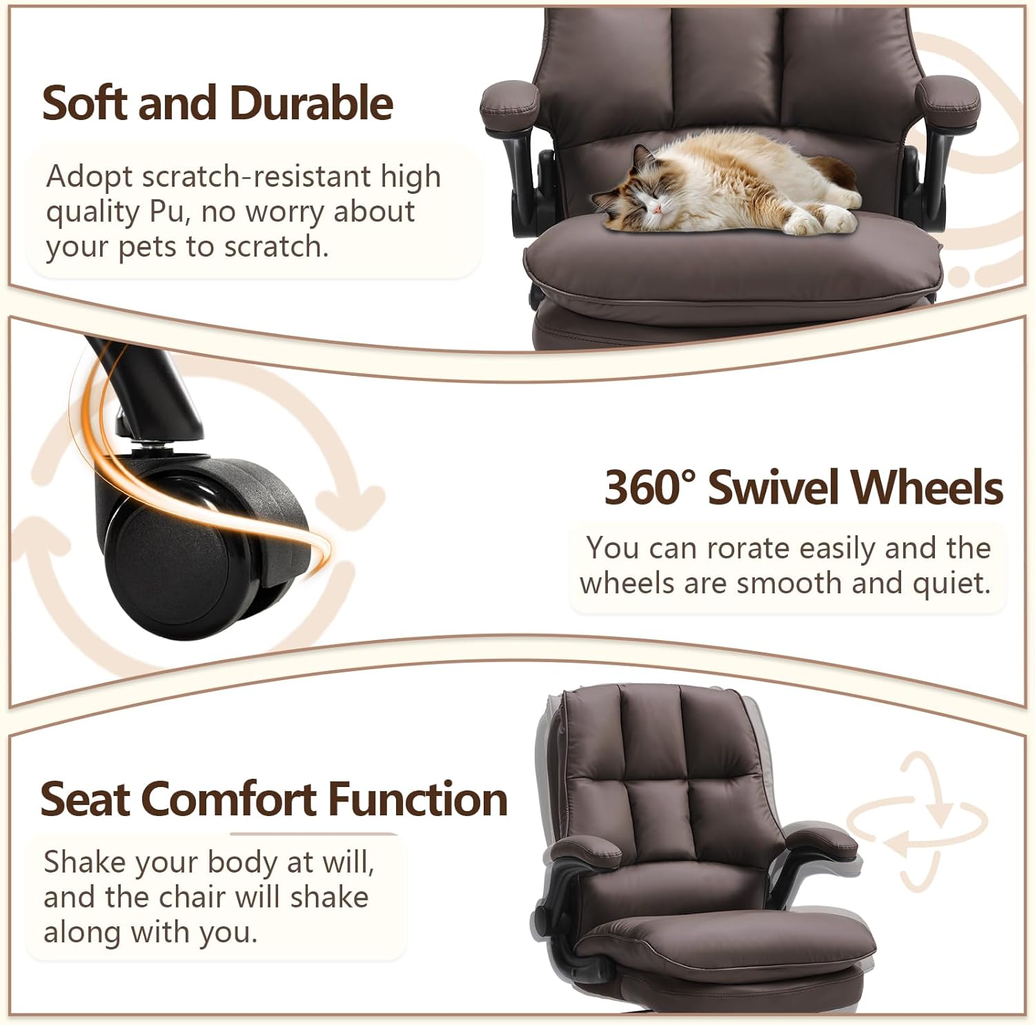 Comfy Office Chair Soft and Double Cushioned Ergonomic Computer Desk Chairs for Long Hours Executive Office Chair with Flip-up Armrests and Height Adjustment for Home Office Brown