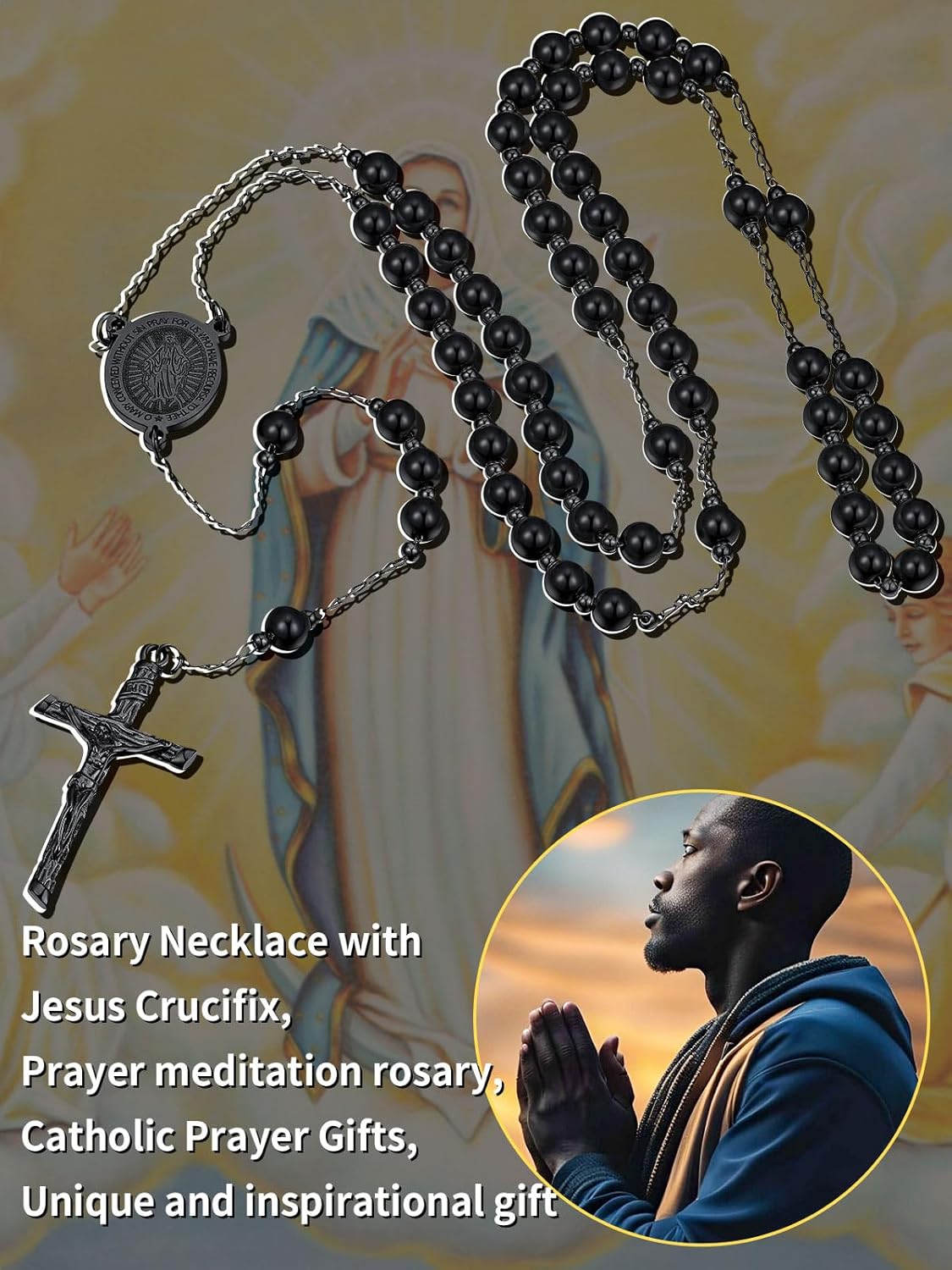 ChainsHouse Rosary Catholic Necklace for Women, Stainless Steel/Black/14K Gold Plated Catholic Prayer Chain with Glass Pearl Beads (Sent Gift Box)