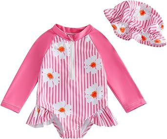 Toddler Baby Girl Swimsuit Set Zip-up Long Sleeve Rash Guard Bathing Suit | Suitable for swimming pools, beaches and hot springs.Appropriate for young girls.Combines both appearance and practicality.
