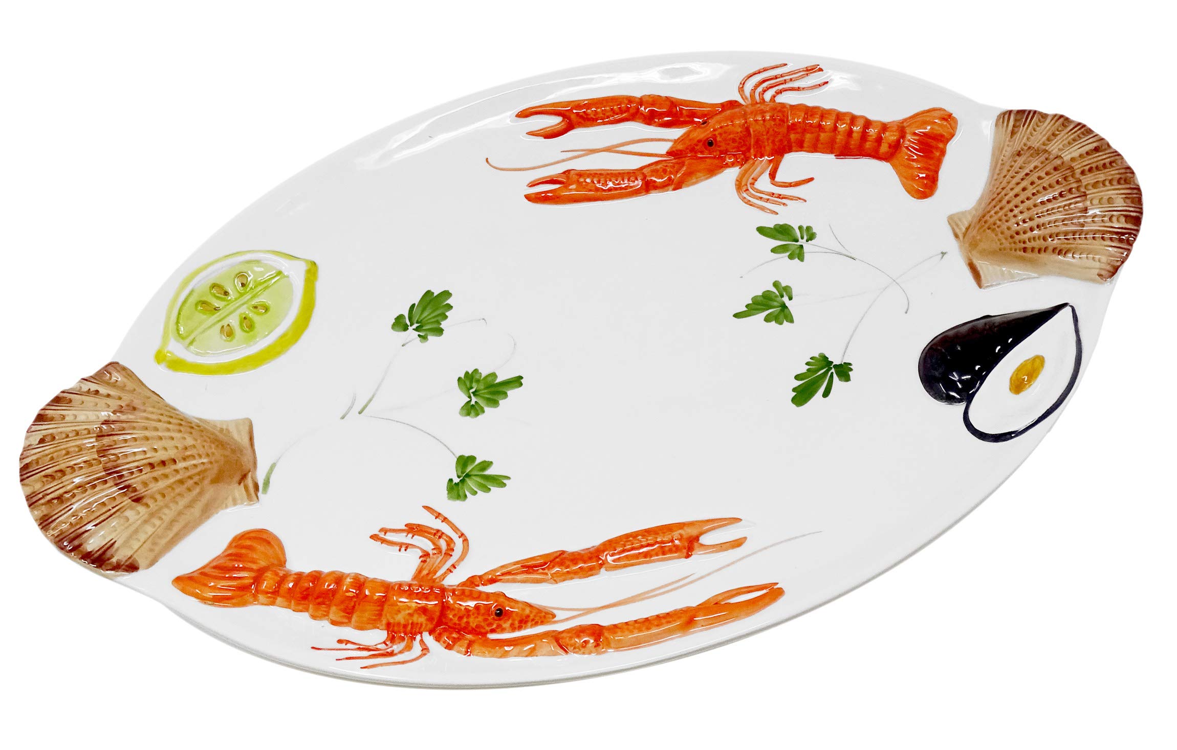 Lashuma Piatto da Portata Ovale Fatto a Mano in Ceramica Italiana a Forma di Frutti di Mare, Grande Piatto da Portata 50 x 32 cm