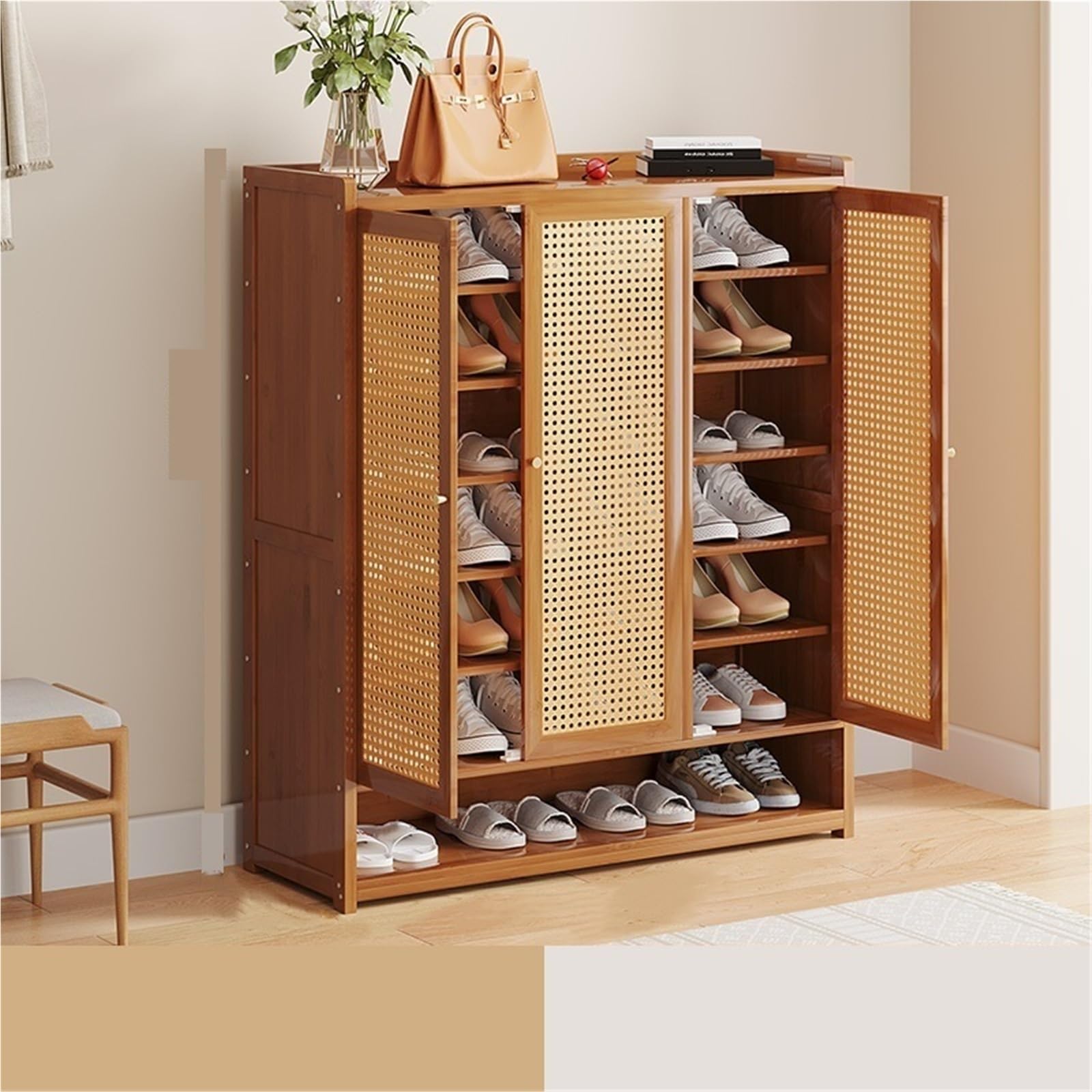 IvyLoutish Bamboo Shoe Cabinet with Doors & Open Storage Freestanding Shoe Rack Shoe Storage Organizer Shoe Shelves for Entryway Hallway,Freestanding Organizer