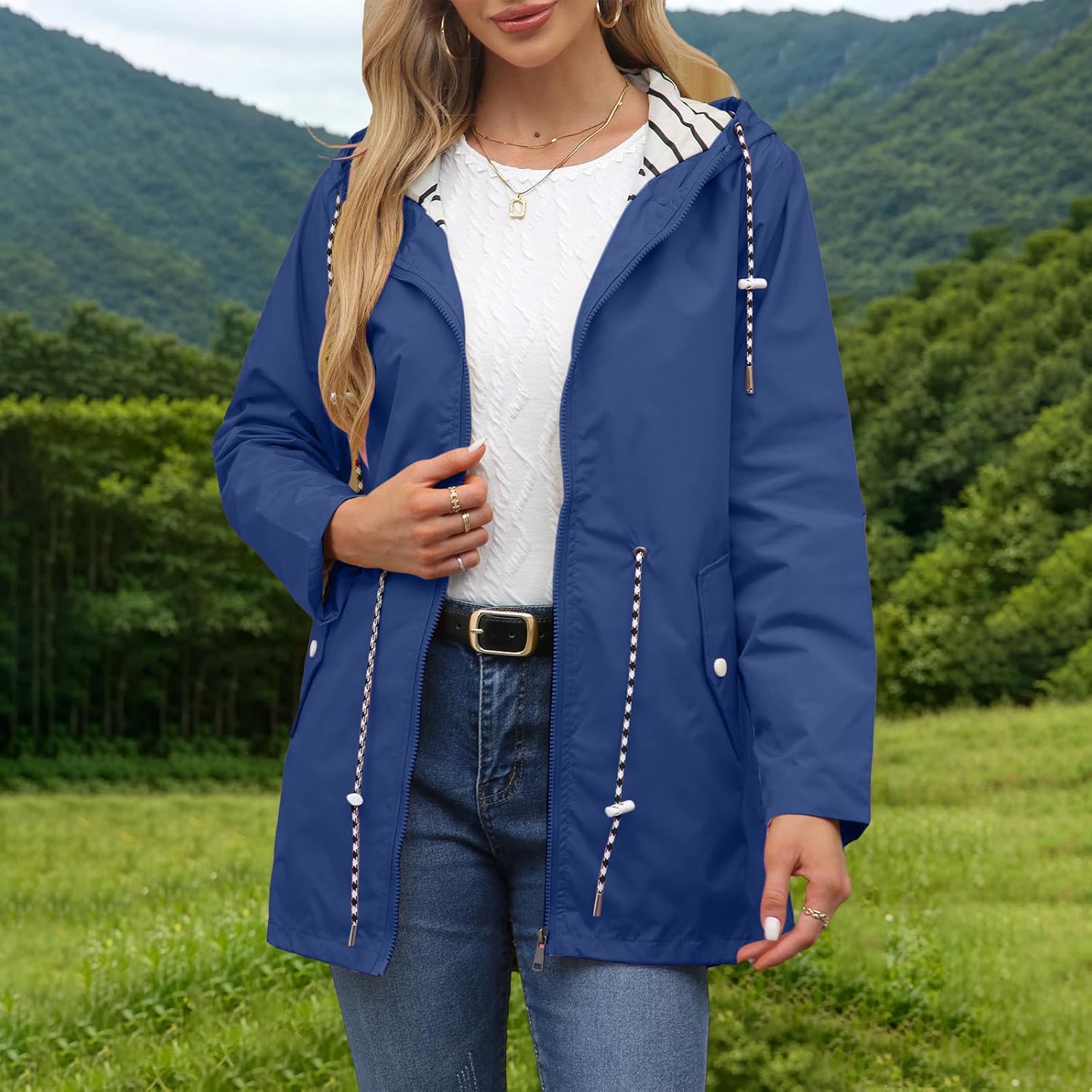 Womens Full Zip Hooded Rain Jacket Water Resistant Mid Length Coat Hiking Travel Windbreaker Jackets with Pockets