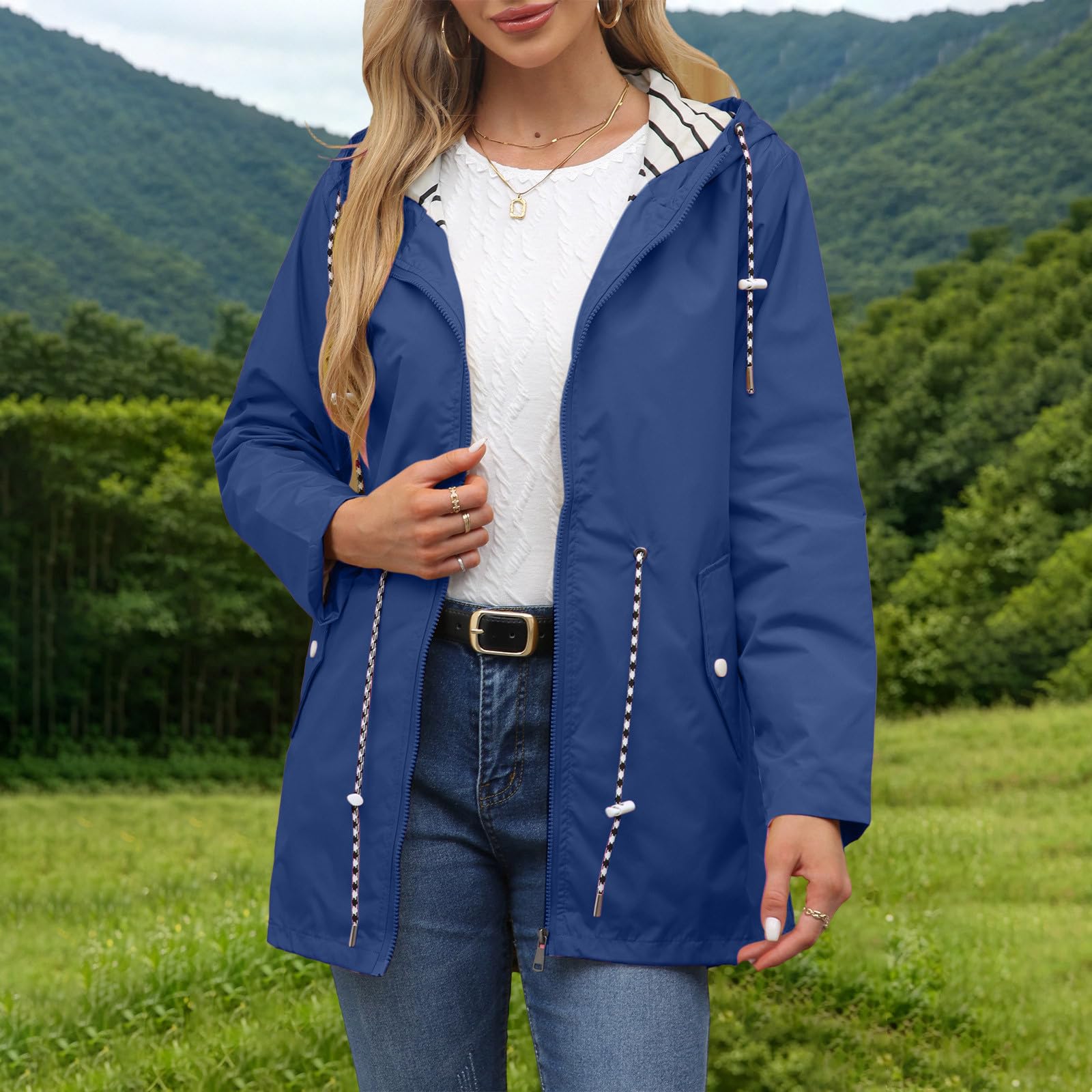 Regenjacke Damen Lang Wasserdichte Atmungsaktive Kapuzenjacke Gestreiftem Gefütterte Regenmantel Winddichte Outdoorjacke Rain Jacket mit Kapuzen Zipper Jacke Leichte Übergangsjacke Dünne Winterjacke