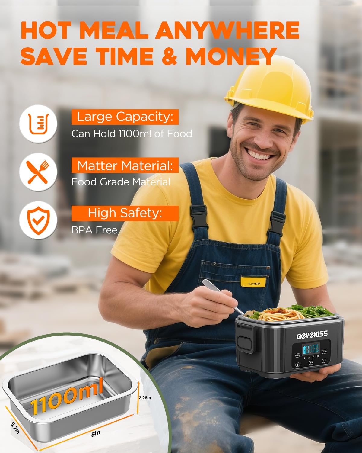 Cordless Electric Lunch Box for Adults – Battery-Powered Heated Lunch Box Food Warmer with 1.1L Stainless Steel Container, Timer Function, Leakproof, Portable for Work, Travel, Office - Image 5