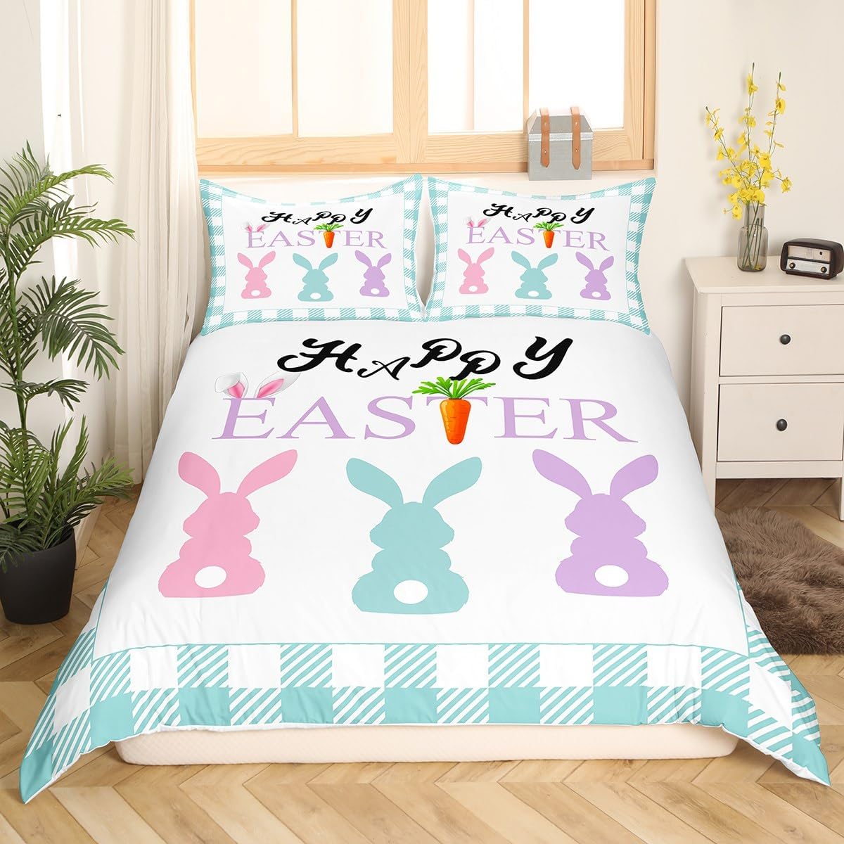 Manfei Happy Easter Duvet Cover Set Full Size, Cute Cartoon Rabbit Bedding Set 3pcs for Kids Boys Girls, Green Plaid Print Comforter Cover Soft Polyester Quilt Cover with 2 Pillowcases,No Comforter