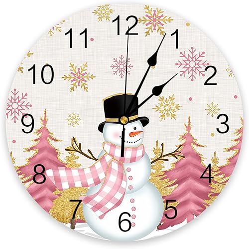 Miniatura 1 de Reloj de pared silencioso sin tictac de 10 pulgadas, color rosa, árbol de Navidad, muñeco de nieve, copo de nieve dorado, funciona con pilas,