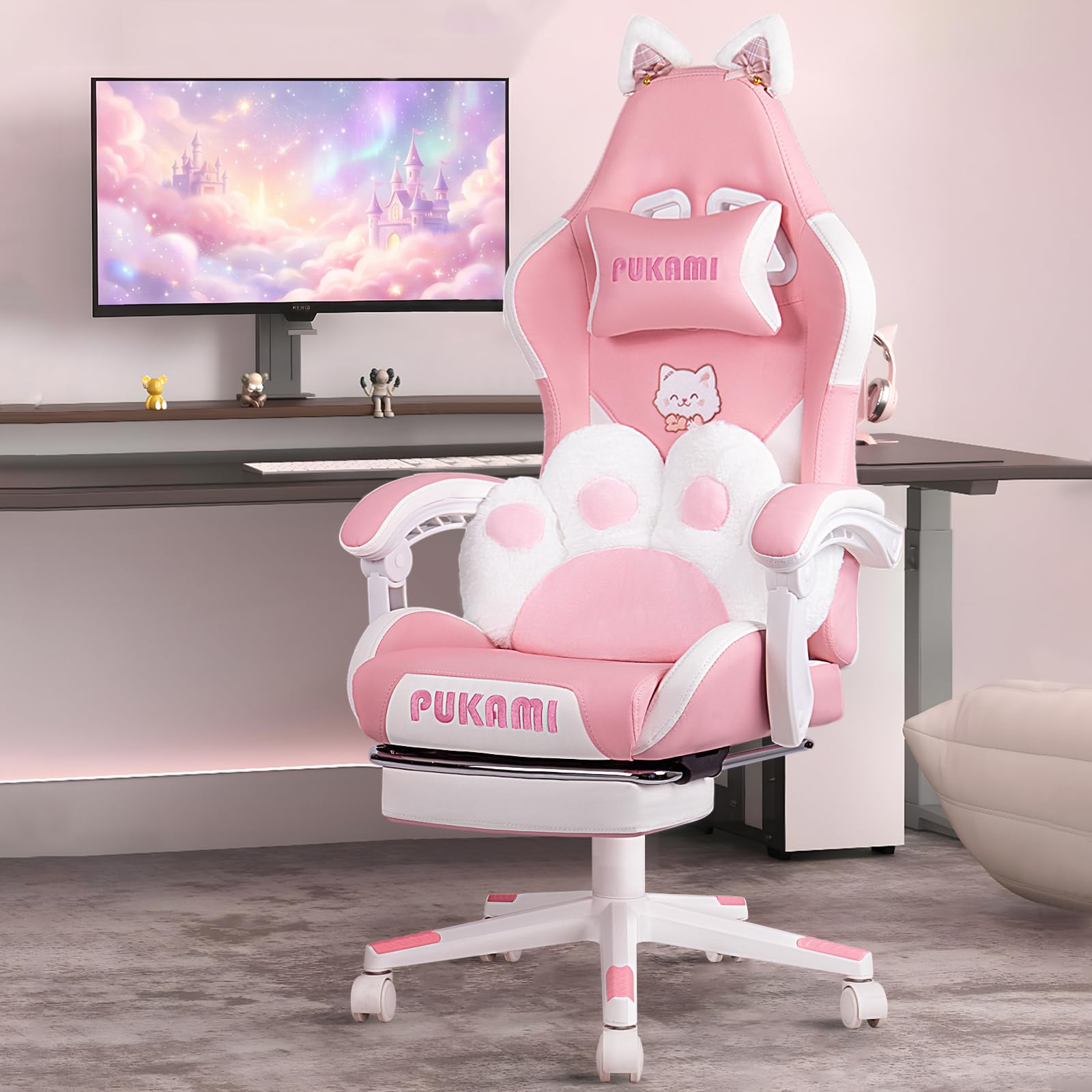 Waleaf Chaise Gaming Rose Ergonomique, Fauteuil de Gamer avec Repose-Pieds, Appui-tête, Soutien Lombaire, PU Cuir Chaise Bureau Réglable en Hauteur, Fauteuil Gaming pour Adultes Enfants, Rose