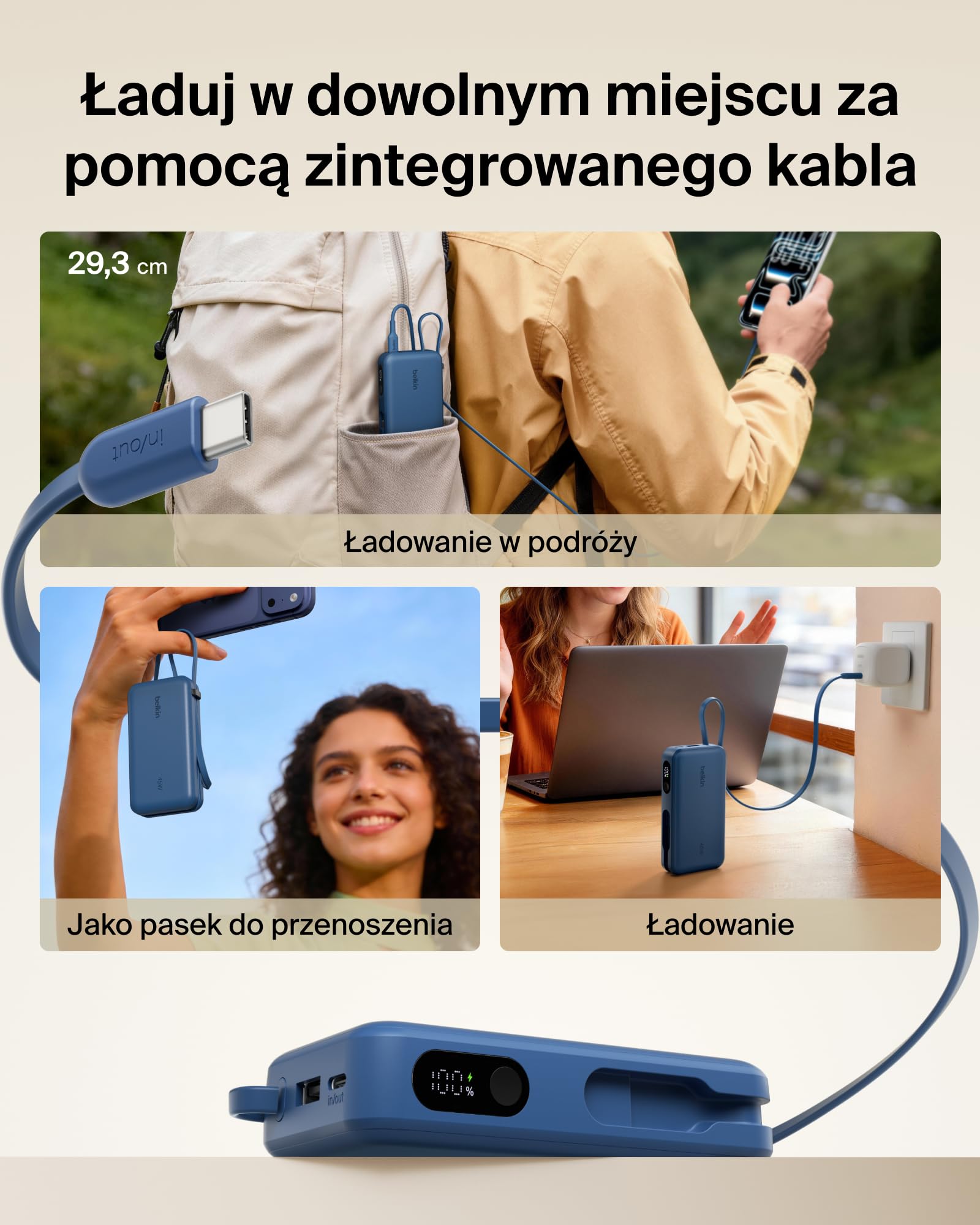 Belkin UltraCharge Powerbank 10 000 mAh, Kabel, Wyświetlacz – Niebieski | Powerbank 10 000 mAh, Ładowanie 3 Urządzeń (1 Port USB-C, 1 Port USB-A, Kabel USB-C), 45 W, Wstępnie Naładowany, Wyświetlacz
