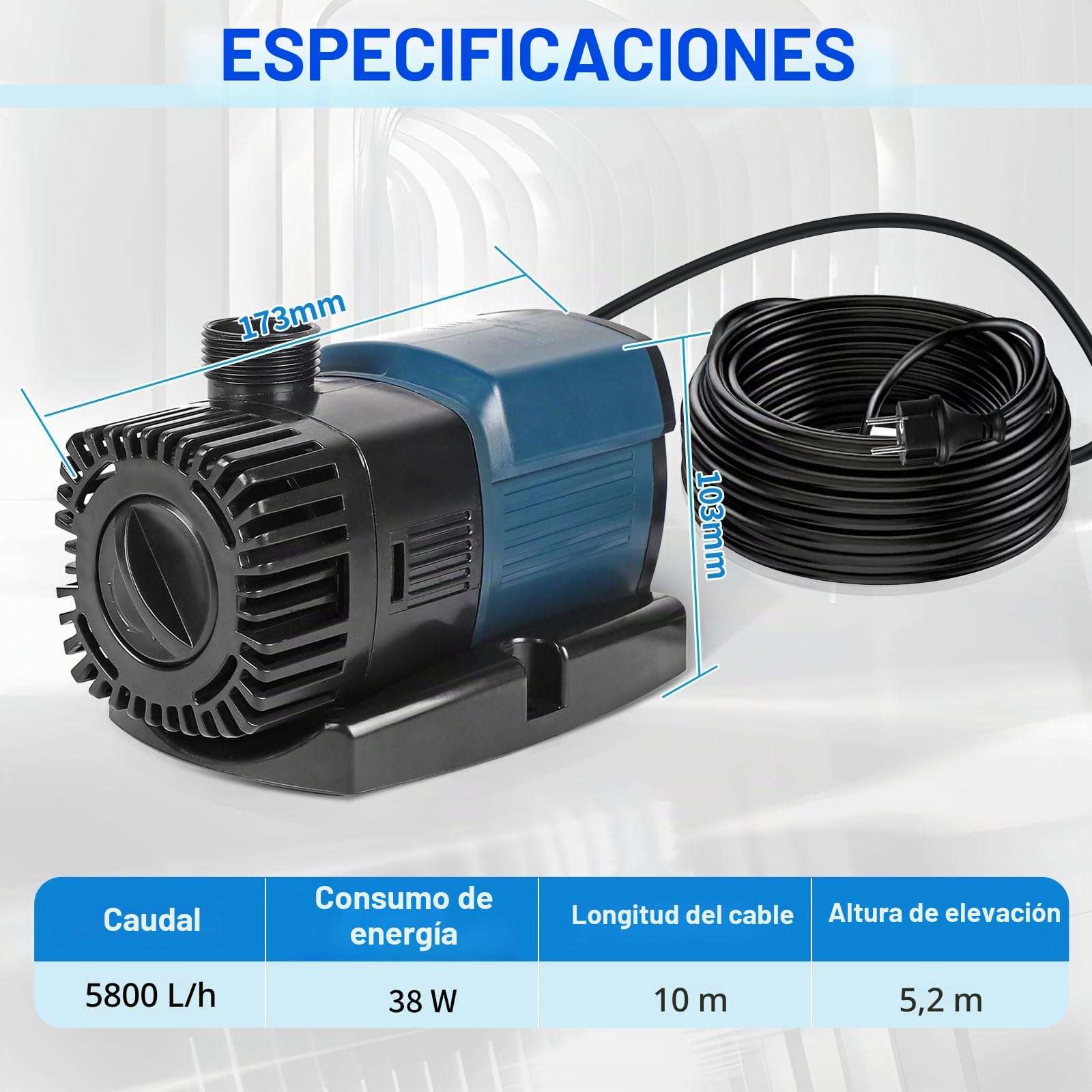 SWAWIS Bomba de Agua 38W 5800L/H Bomba Estanque Bomba de Filtro de Bajo Consumo Sumergibles Alt. max. 5,2M Cable 10M para Acuario Ajustable con Controlador Externo