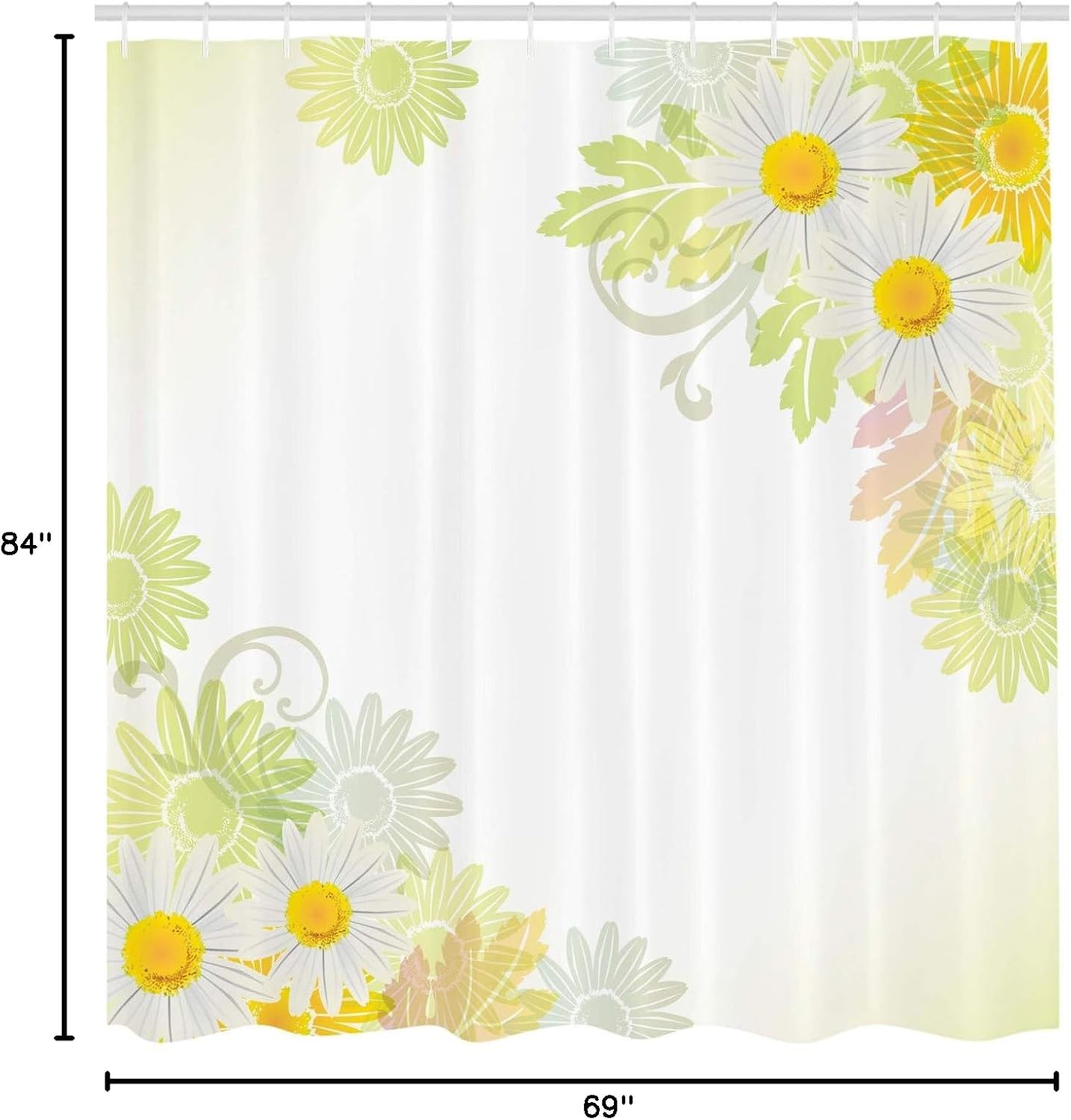 Ambesonne Flower Shower Curtain, Floral Daisies Abstract Oriental Details and Leaves with Sun Like Art Print, Cloth Fabric Bathroom Decor Set with Hooks, 69" W x 84" L, White and Yellow