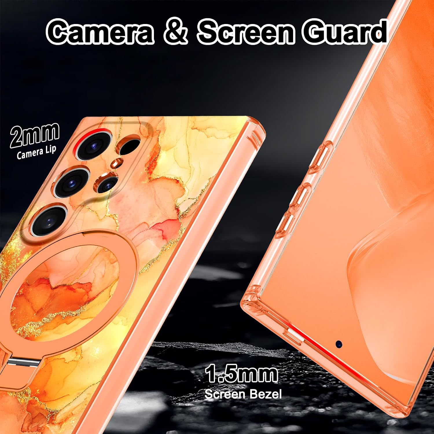 Magnetic for Samsung Galaxy S24 Ultra Case with Invisible Ring Stand [Compatible with MagSafe], Full Body Rugged Slim Women Men Girl Shockproof Marble Pattern Design Case,Orange