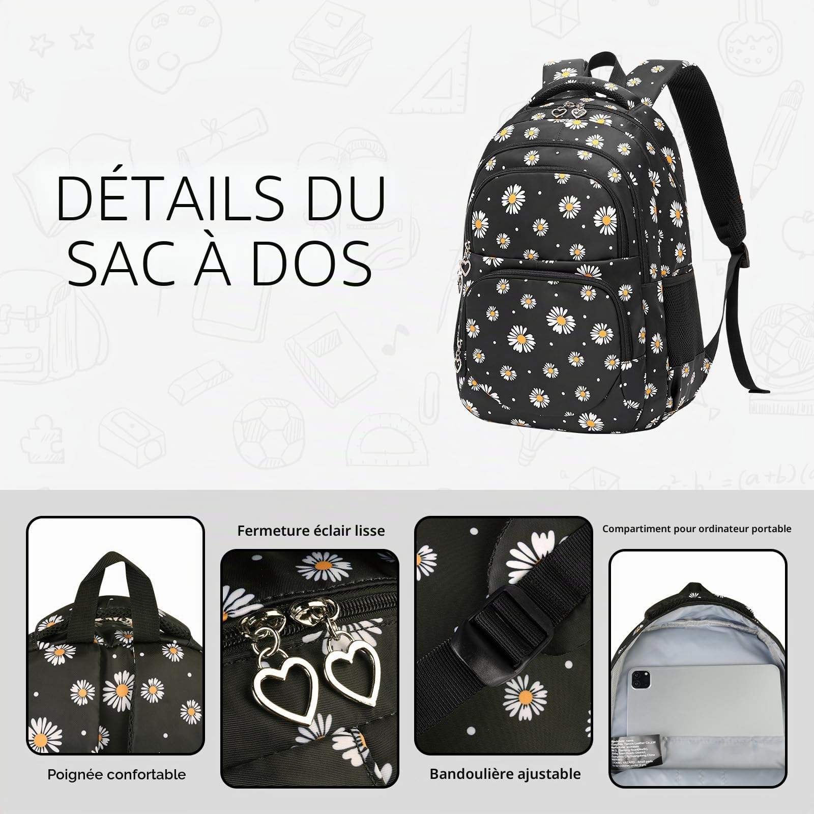 Ensemble de sac à dos imprimé Daisy 3 pièces résistant à l'eau, léger pour l'école secondaire, noir