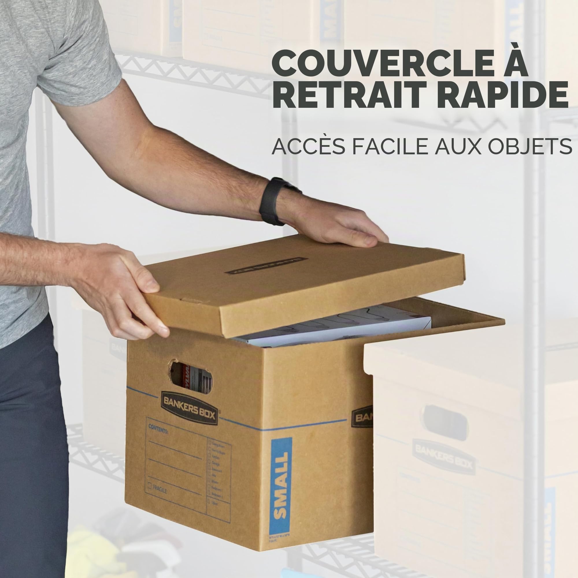 BANKERS BOX 7716401 Lot de 12 boîtes de déménagement classiques avec poignées renforcées, assemblage sans ruban adhésif, boîte avec couvercle, 8 petites et 4 boîtes moyennes