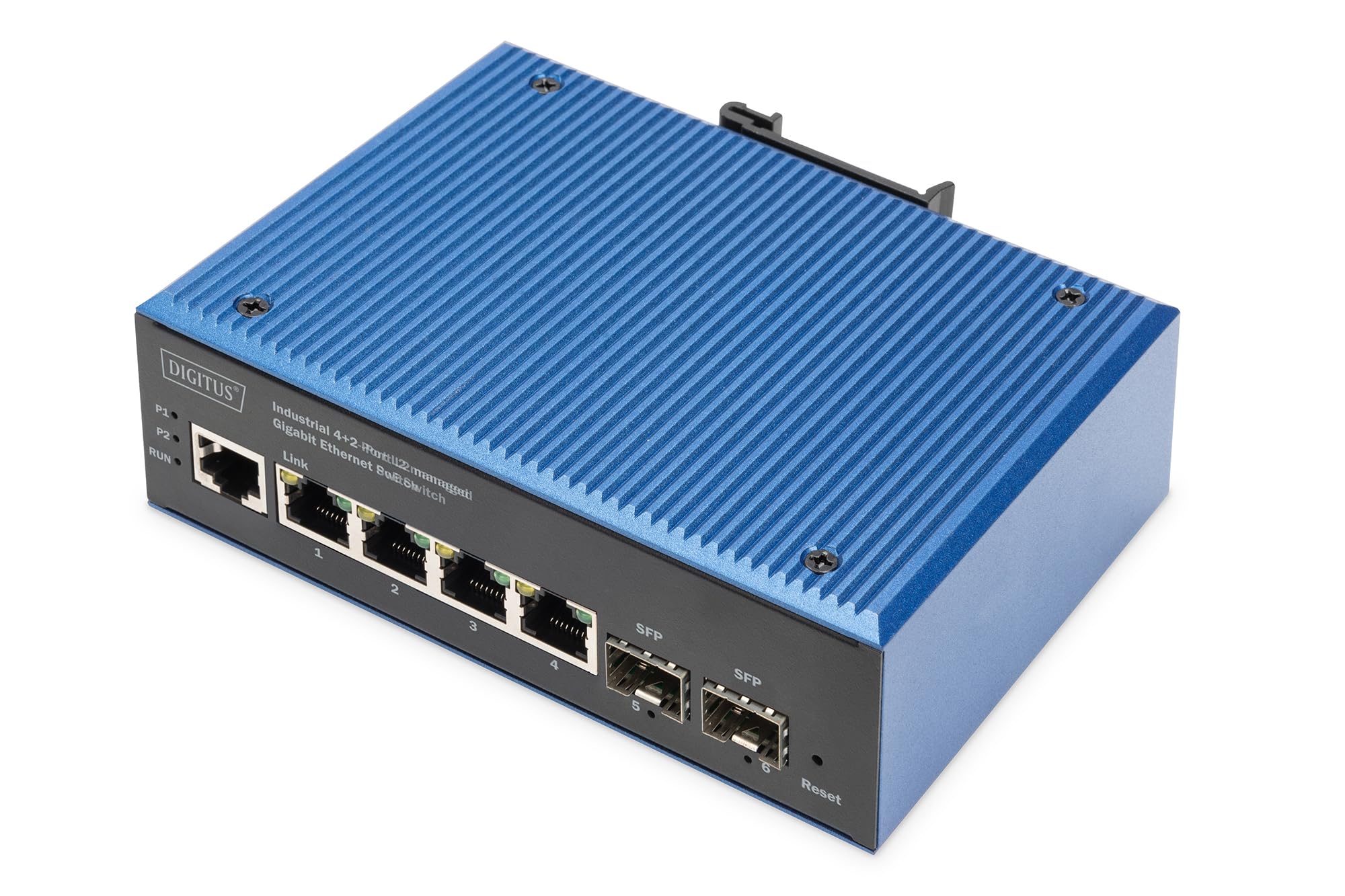 DIGITUS PoE Netzwerk-Switch - 6-Port Gigabit Ethernet - 4X RJ45 + 2X SFP - IP40 - L2 Managed - 10/100/1000 Mbit/s - Hutschienenmontage - Industrial Serie - schwarz/blau