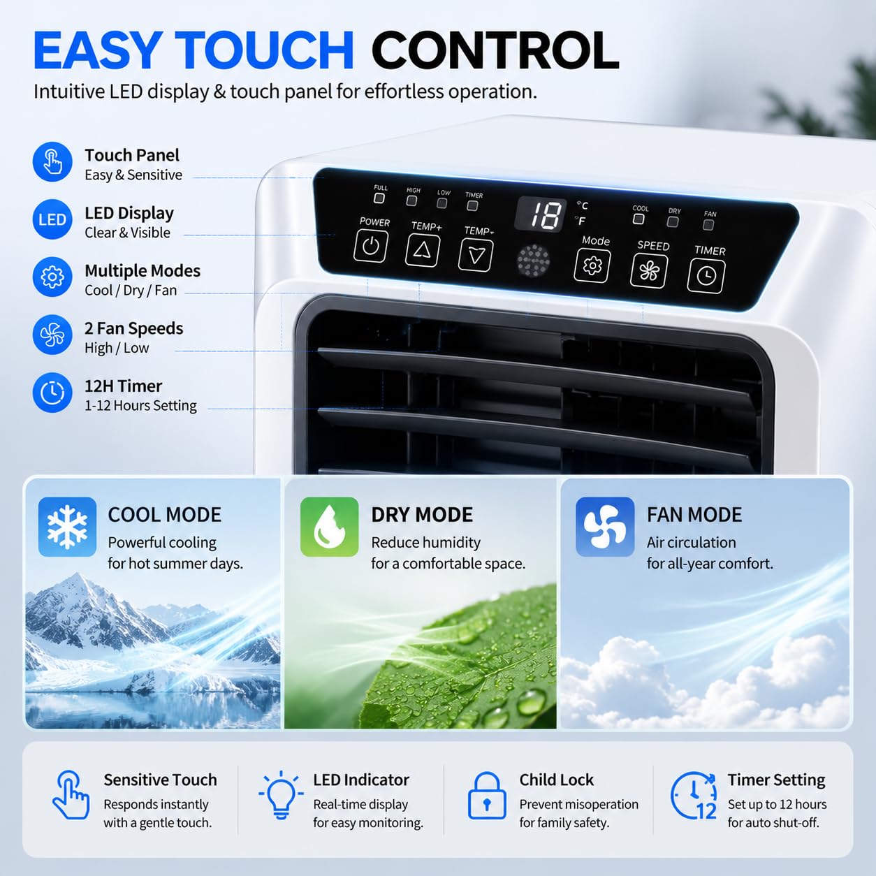 Aire Acondicionado Portátil 9000 BTU, Sistemas Frío y Deshumidificador, 3 Velocidades, Programación 12H, Kit de Sellado para Ventana, Gran Elección para Habitación y Oficina