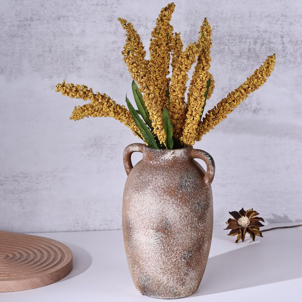 Jarrón Rústico de Cerámica con 2 Asas, Florero Marrón de Terracota, Jarrón Decorativo de Barro para Decoración del Hogar, Mesa, Boda, Sala de Estar y Estantería