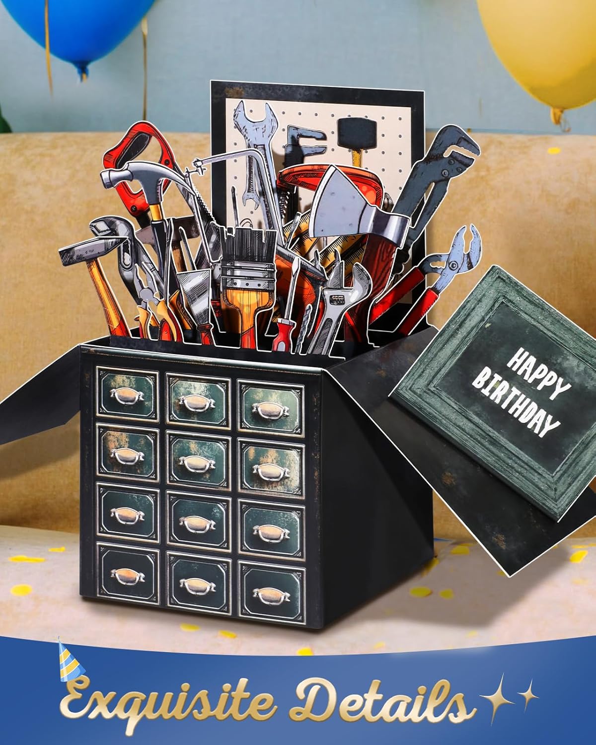 Birthday Pop Up Card with Envelope - Funny Happy Birthday 3D Greeting Pop Up Card, Best Gifts for Men Dad Husband Grandpa Father Daddy Him, Unique 3D Design, Metal Toolbox - Image 4