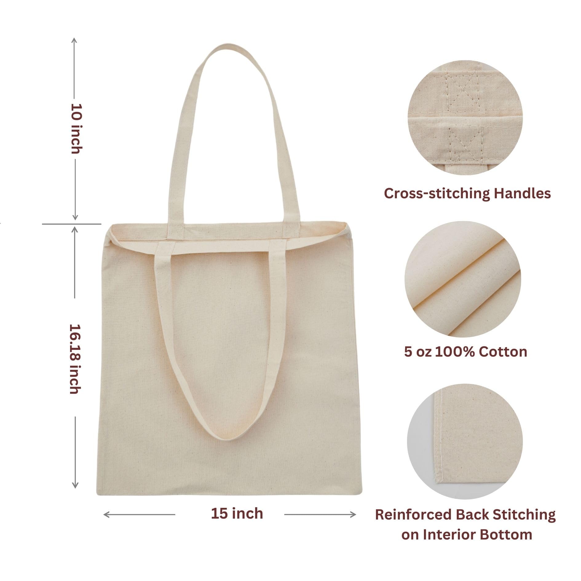 Zenloria 2 Pack Natural Canvas Tote Bags 15x16 – Bulk Reusable Lightweight Cotton Bags for DIY Crafts, HTV, Screen Printing, Shopping