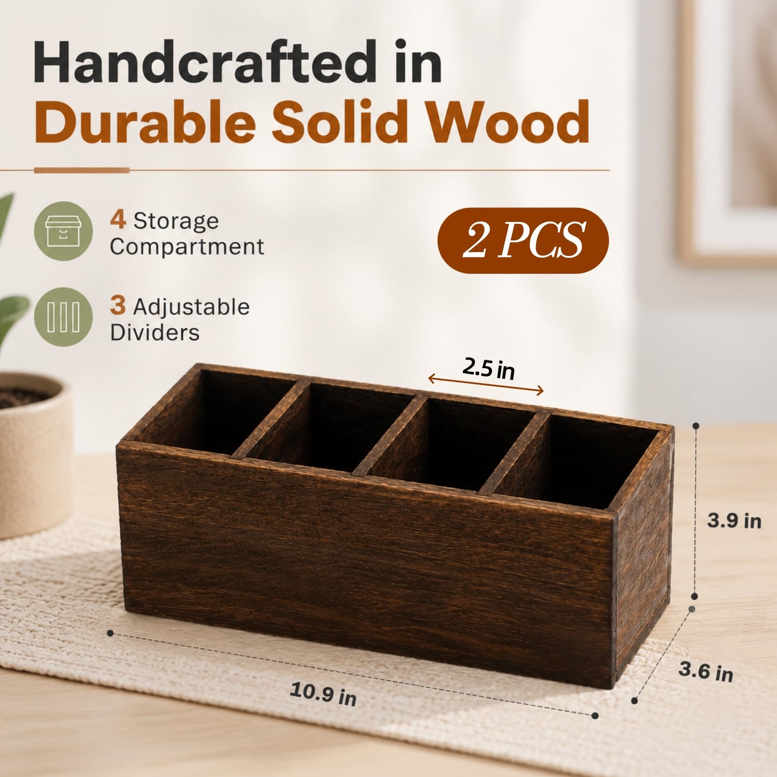 Dicunoy Paquete de 2 soportes de madera para lápices para aula, soporte de madera para control remoto, organizador de mesa rústico de estilo retro con 4 compartimentos para suministros de arte,