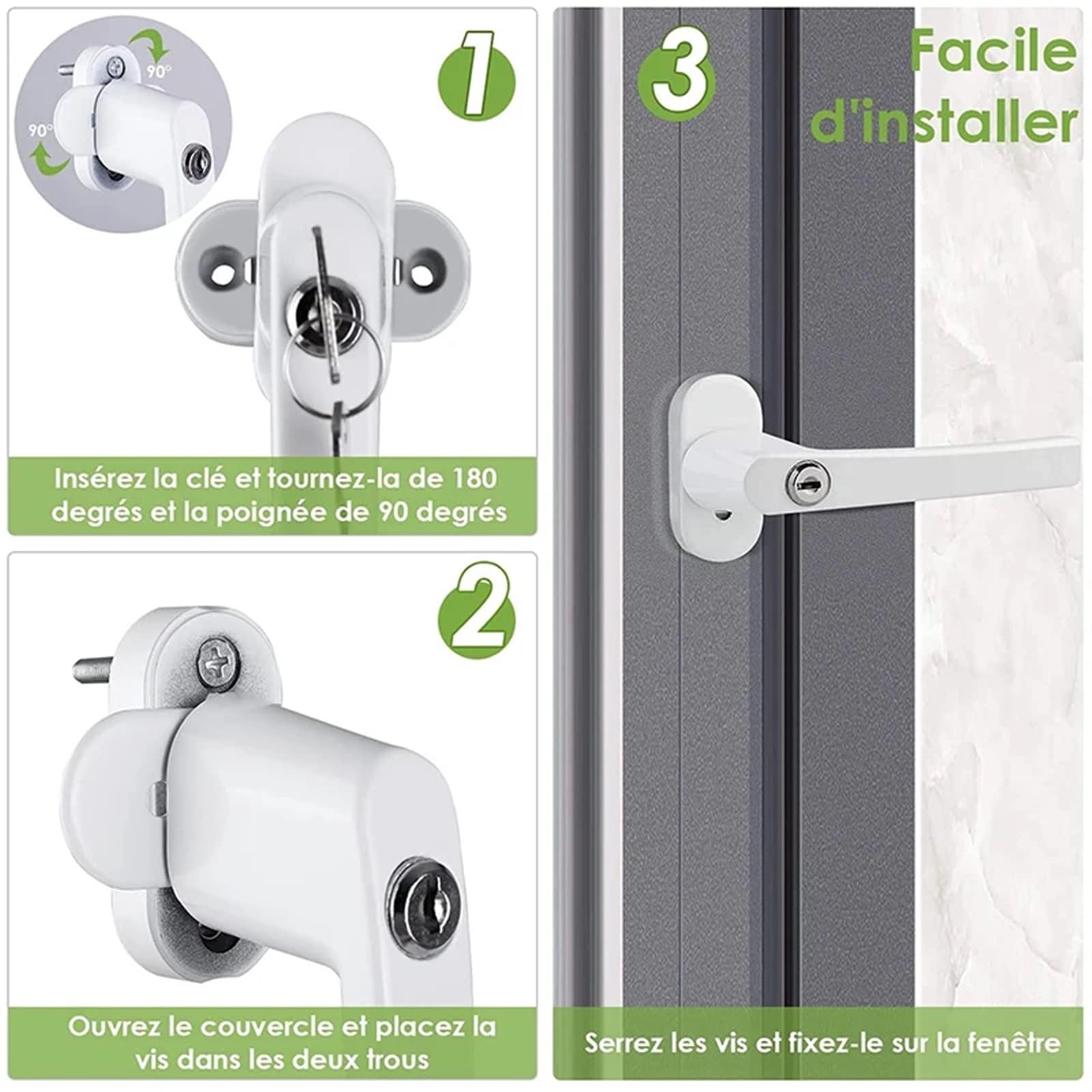 MRKU Maniglie per finestre con Serratura Espag, Chiusura in Linea in PVC, Serratura a Chiave in Lega di Alluminio Bianca per Doppi vetri 148x29mm