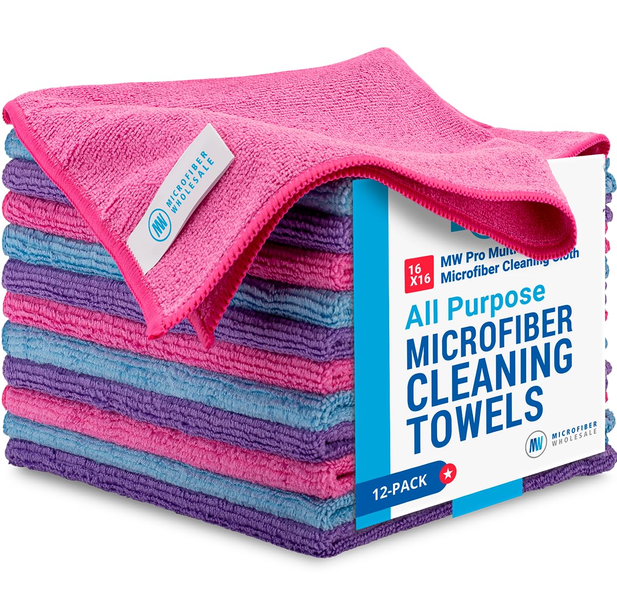 MW Pro Microfiber Cleaning Cloth | Pink, Purple, Blue (12 Pack) | Size 16" x 16" Multi Surface Microfiber Towels