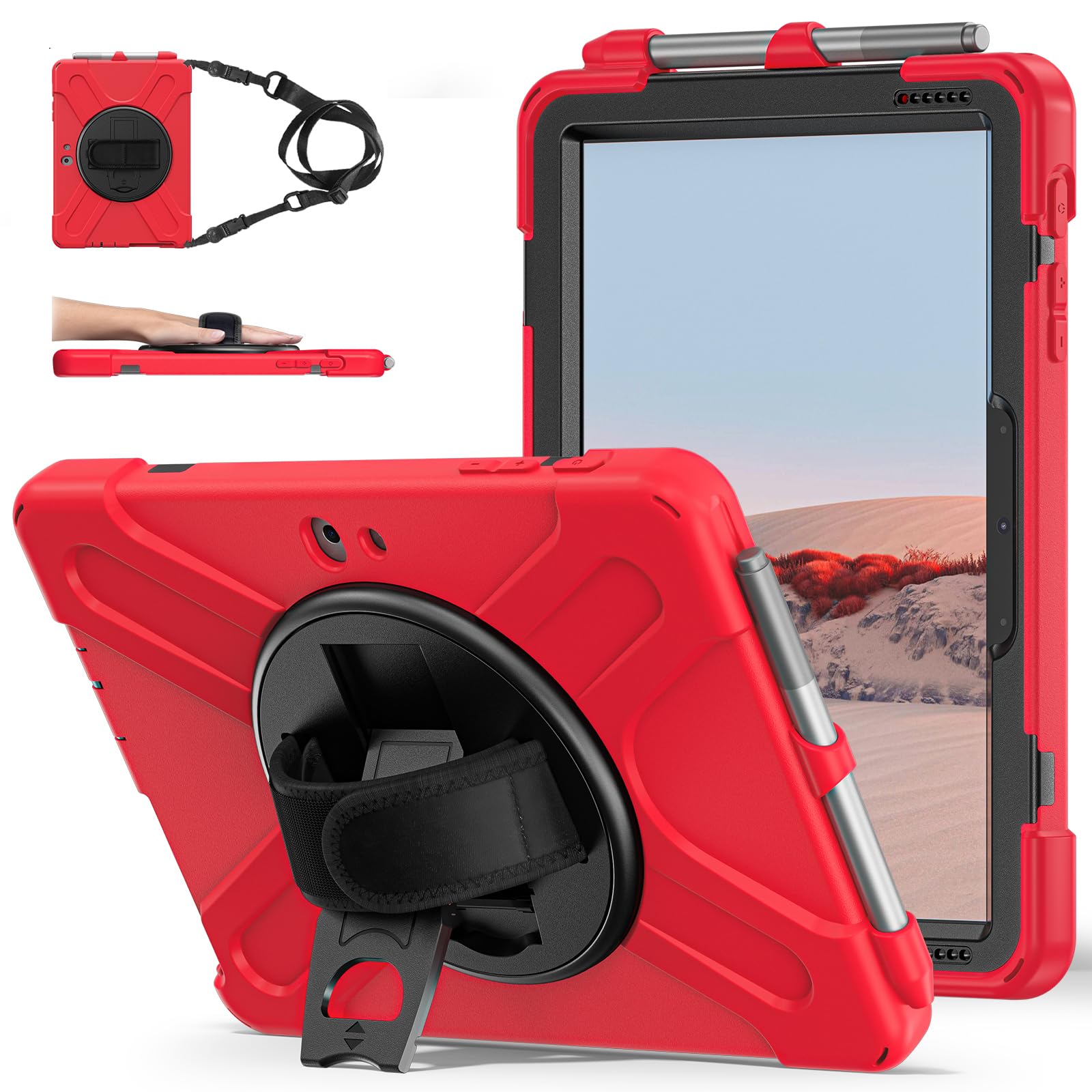 ZenRich Zenrich Coque pour Surface Go 3 2021, Surface Go 2 2020, Surface Go 2018 avec porte-stylo et porte-stylet - Robuste et résistant aux chocs - Avec poignée et bandoulière - Rouge