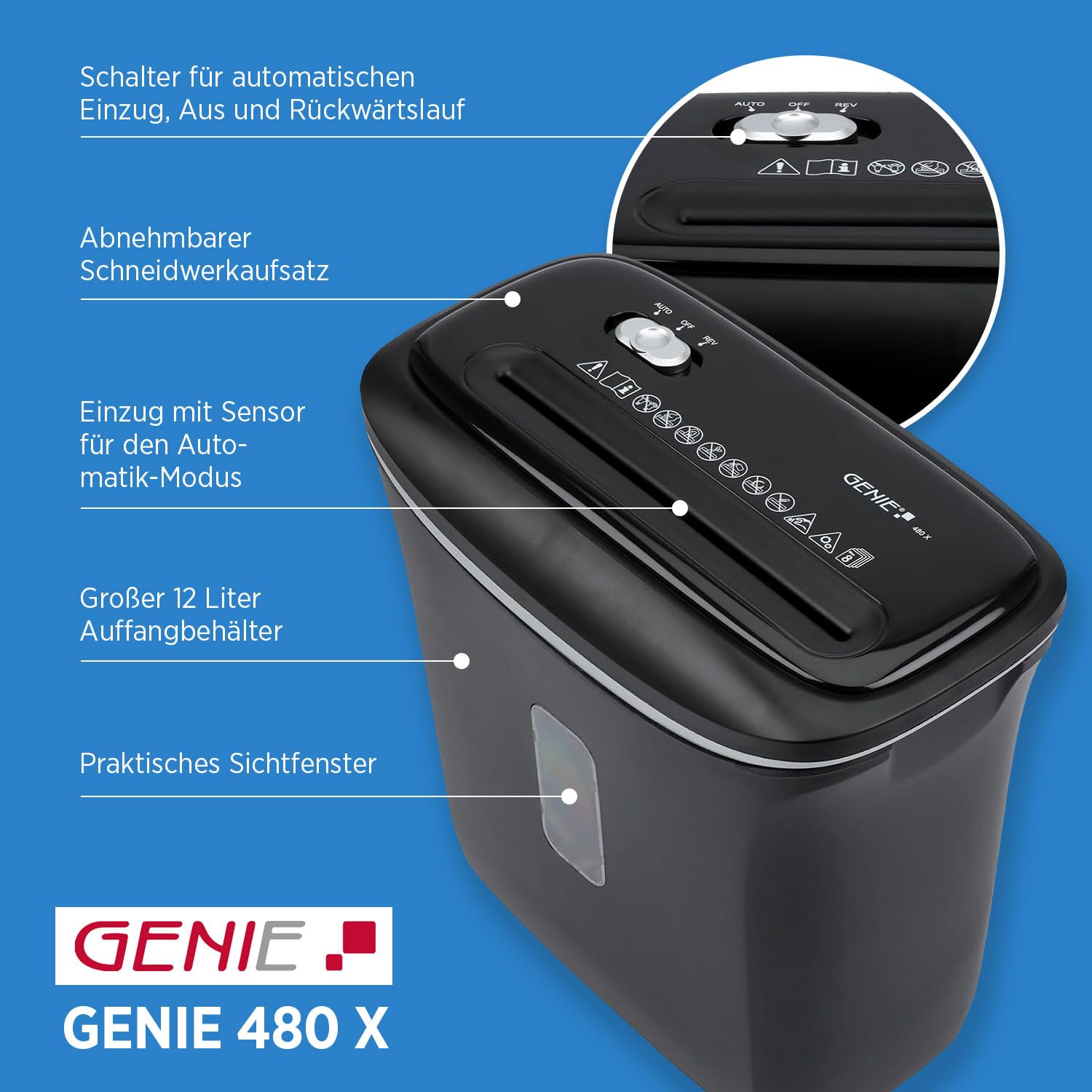 Genie Trituradora de papel 480X, 8 hojas, corte en partículas, nivel de seguridad P-4, función de arranque y parada automática, papelera de 12 L, protección contra sobrecalentamiento, trituradora de